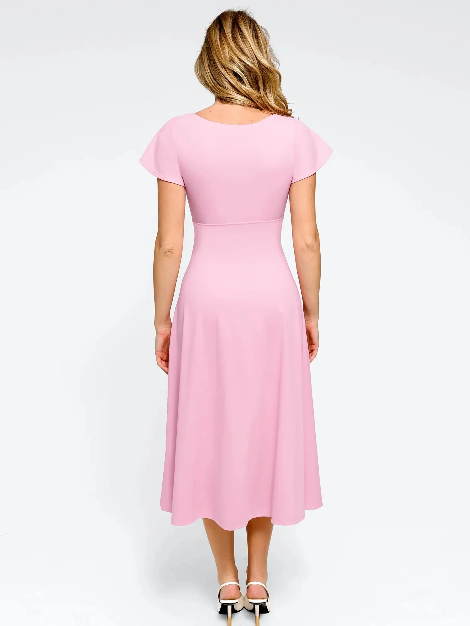 Popilush Shapewear Flutter Sleeve Sculpting A-Line Midi Dress - Image 4