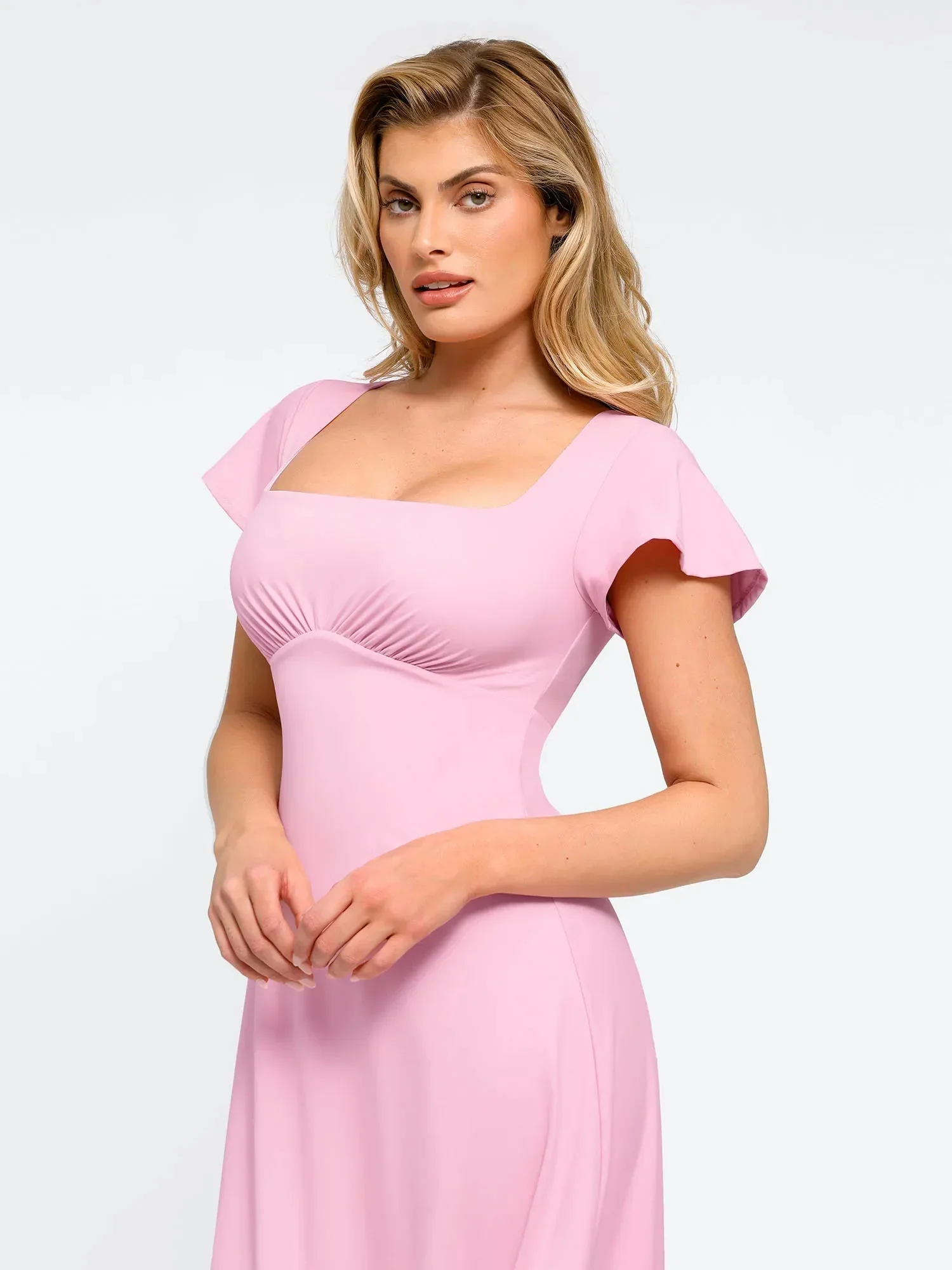 Popilush Shapewear Flutter Sleeve Sculpting A-Line Midi Dress - Image 6