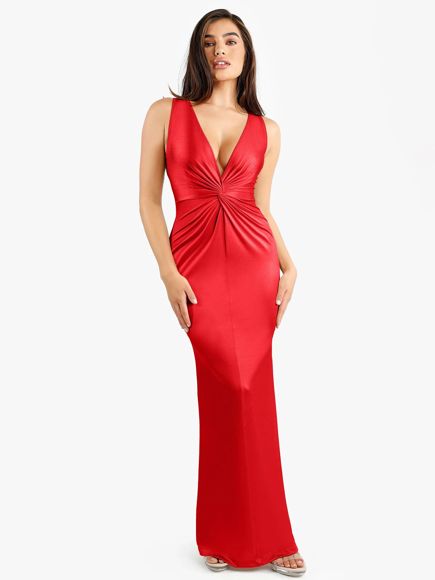 Popilush Shapewear Shine Deep V-Neck Bias Twist Hourglass Maxi Dress - Image 8