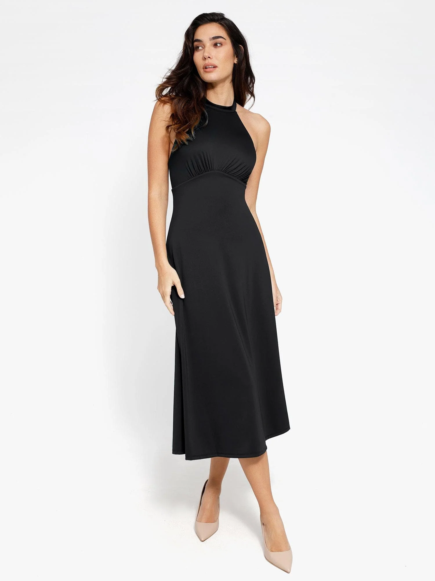 Popilush Shapewear Sculpting Backless Halter A-Line Midi Dress - Image 13