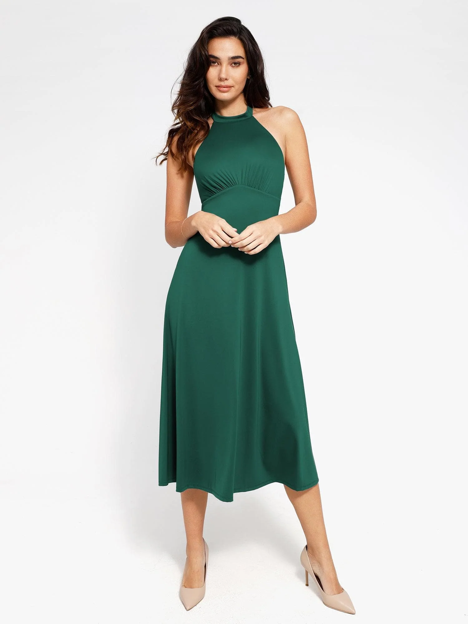 Popilush Shapewear Sculpting Backless Halter A-Line Midi Dress - Image 18