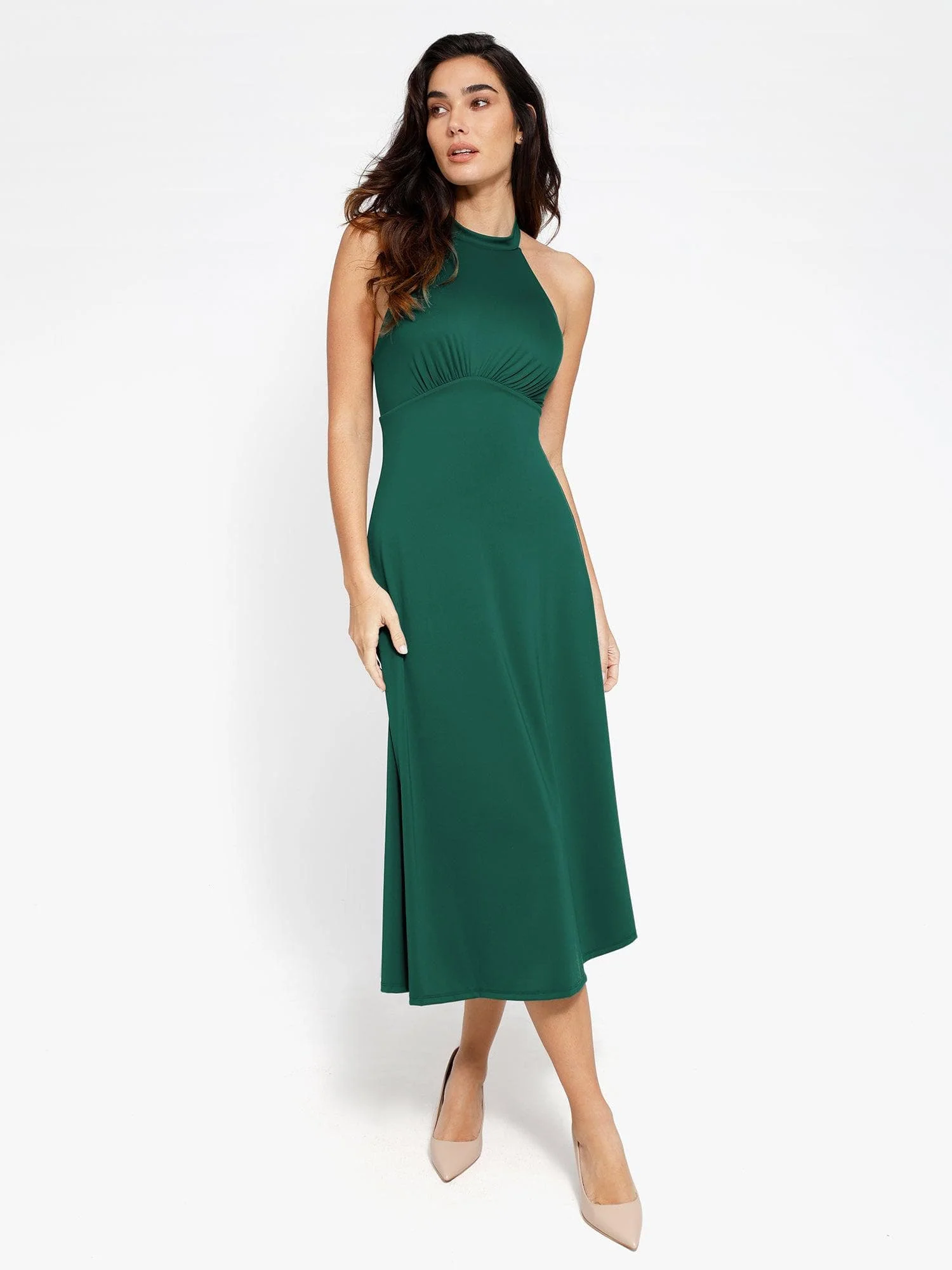Popilush Shapewear Sculpting Backless Halter A-Line Midi Dress - Image 22