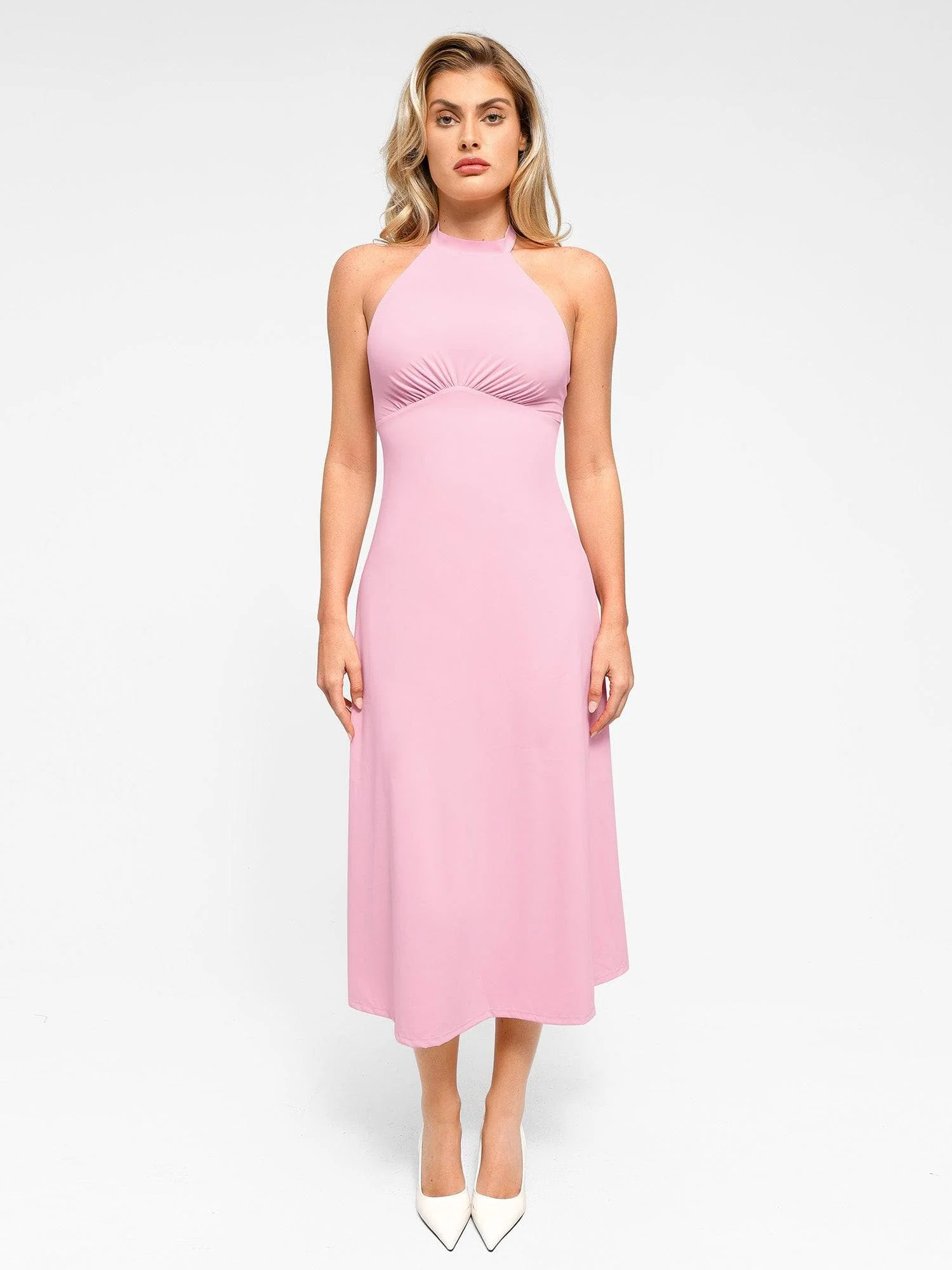 Popilush Shapewear Sculpting Backless Halter A-Line Midi Dress - Image 3