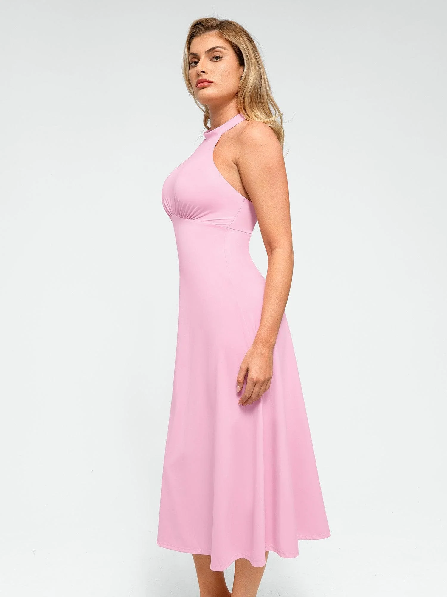 Popilush Shapewear Sculpting Backless Halter A-Line Midi Dress - Image 4