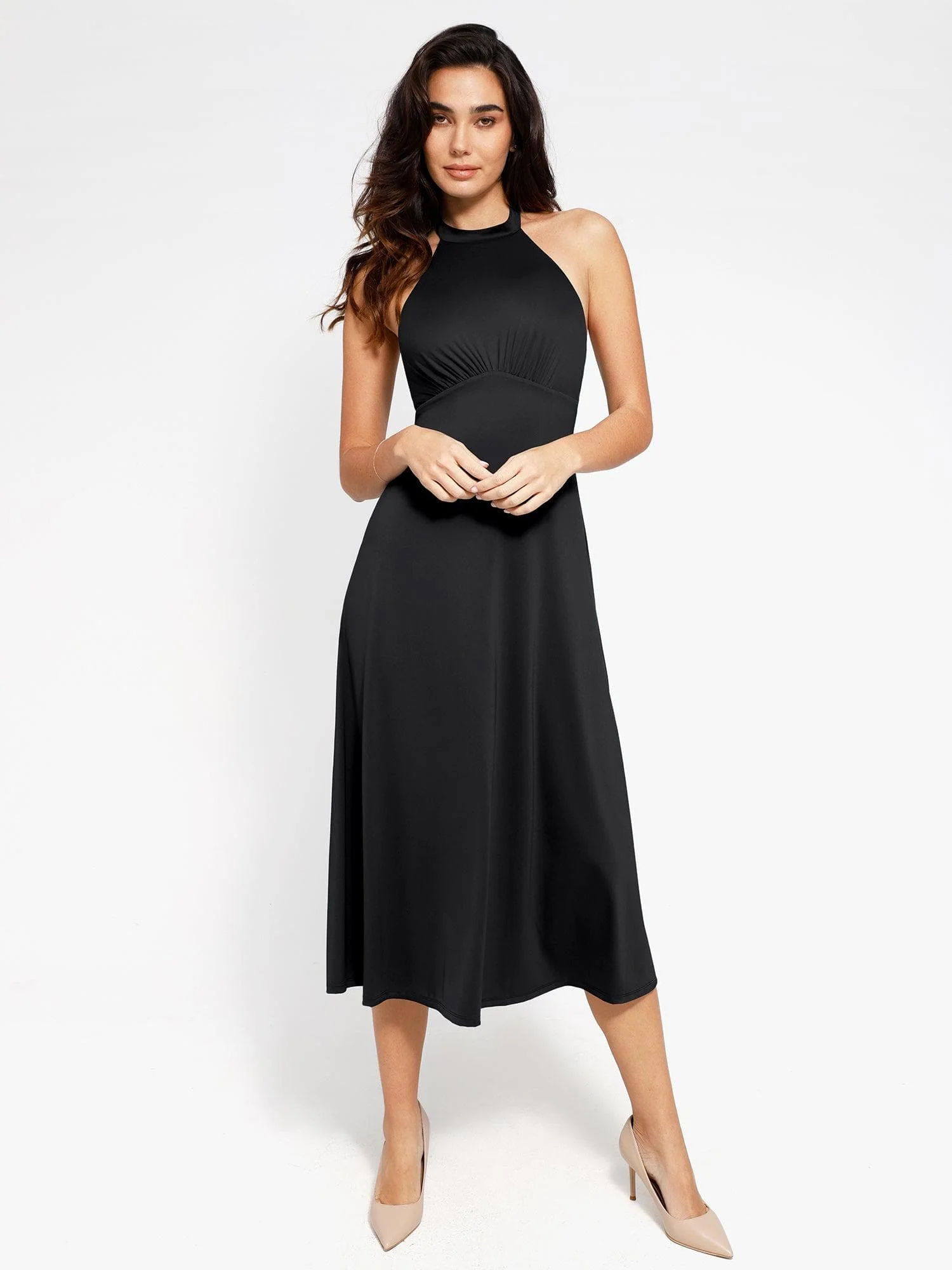 Popilush Shapewear Sculpting Backless Halter A-Line Midi Dress - Image 9