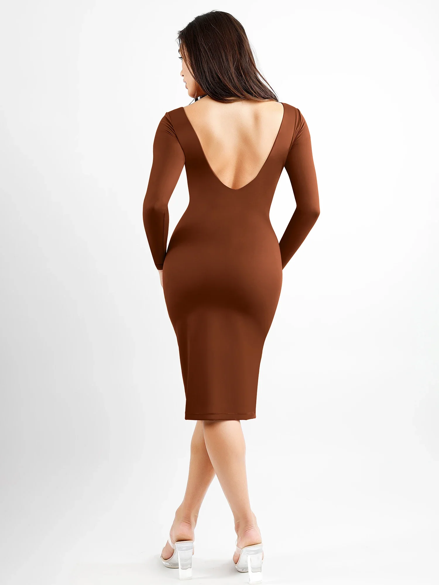 Popilush Shapewear Long Sleeve Boat Neck Sculpting Midi Dress - Image 11