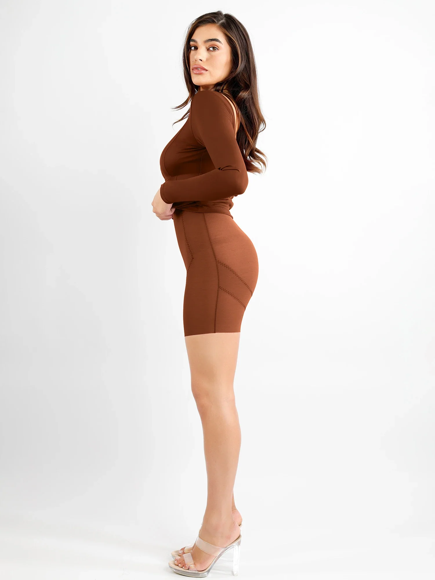 Popilush Shapewear Long Sleeve Boat Neck Sculpting Midi Dress - Image 12