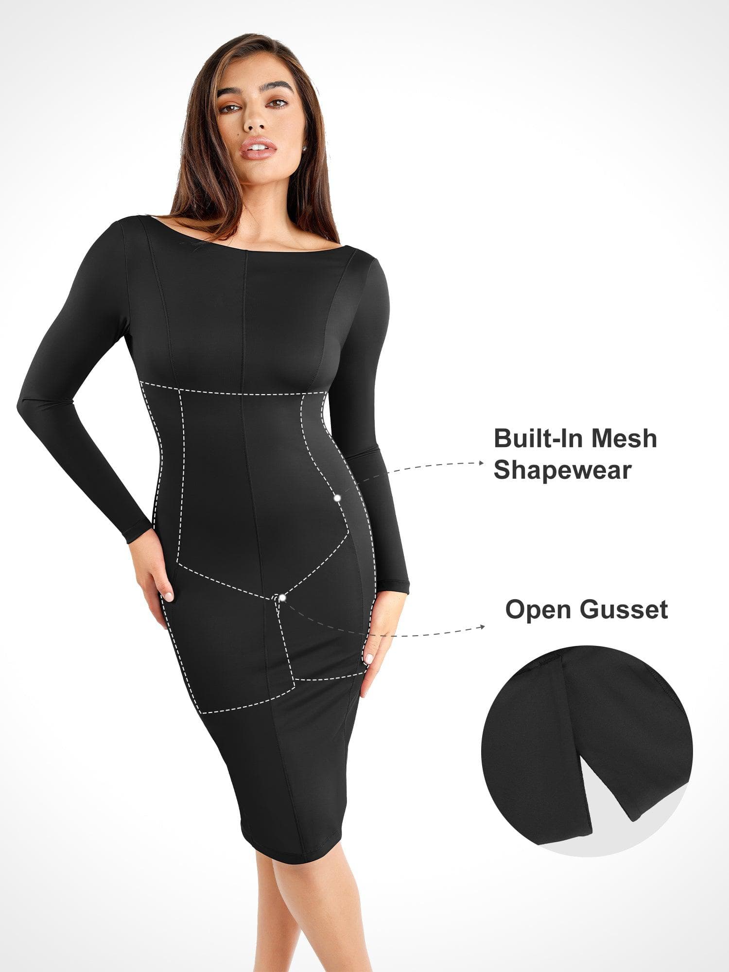 Popilush Shapewear Long Sleeve Boat Neck Sculpting Midi Dress - Image 2