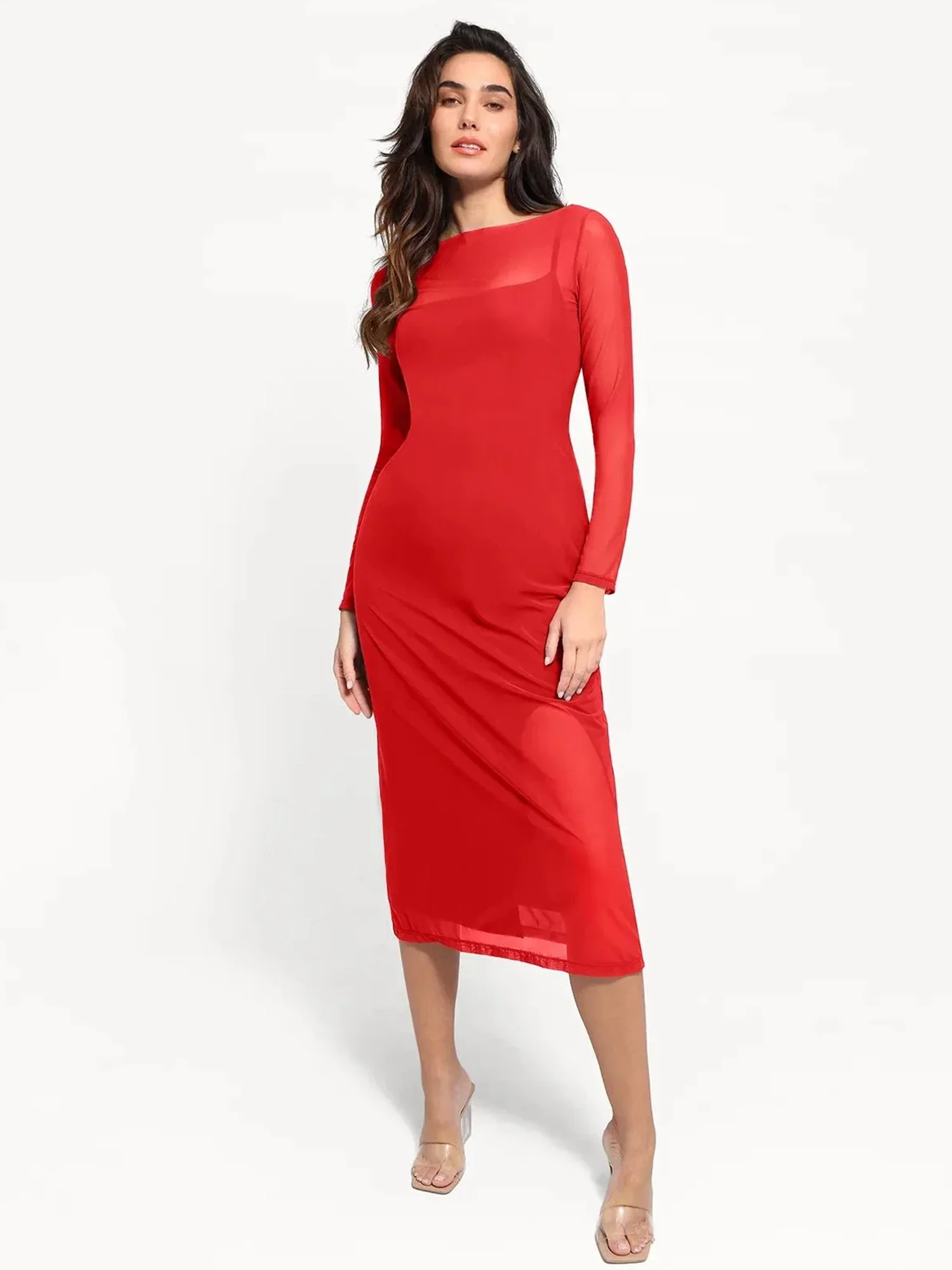 Popilush Shapewear Slimming Midi Dress and Sheer Mesh Overlay Set - Image 11