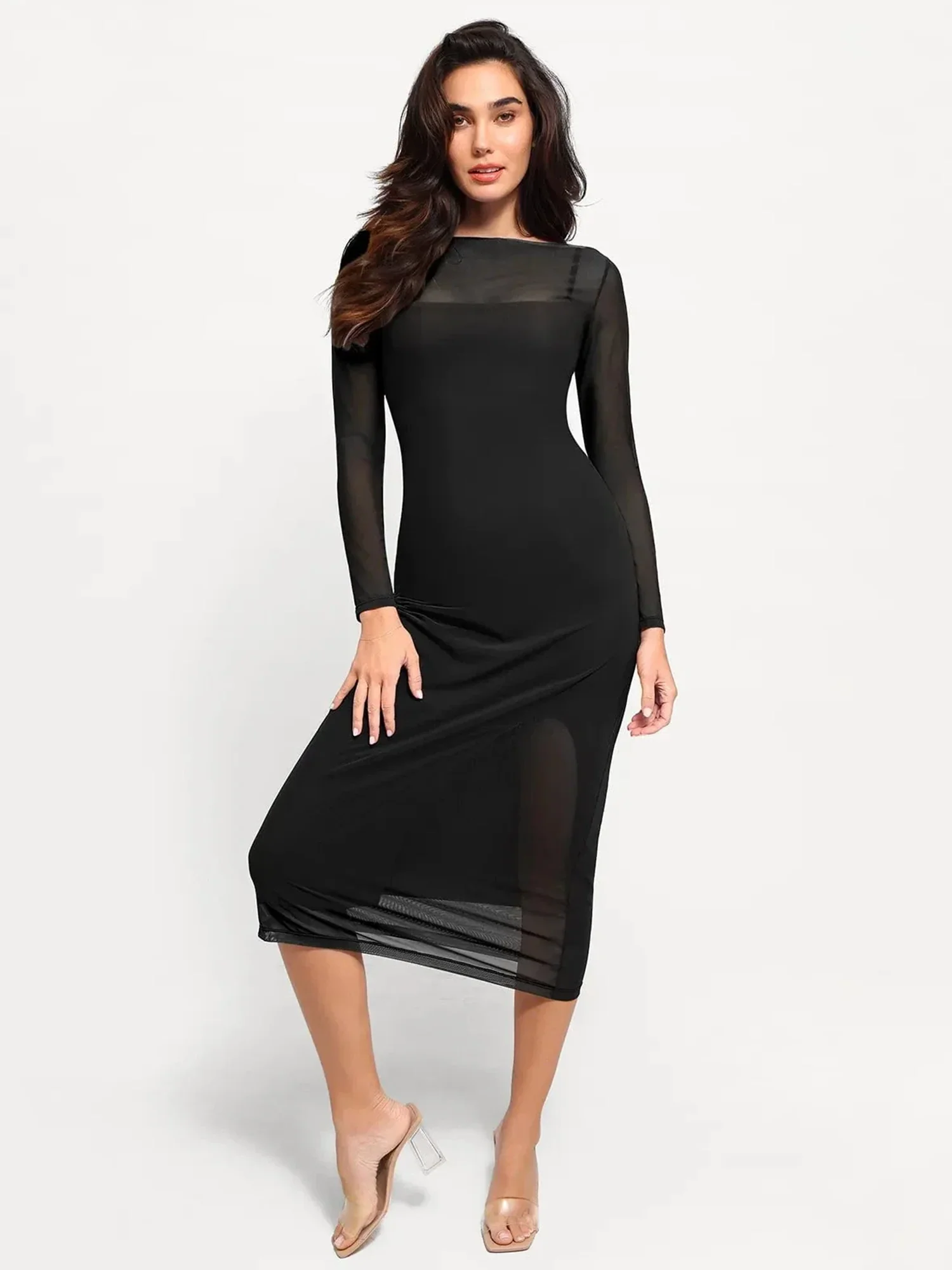 Popilush Shapewear Slimming Midi Dress and Sheer Mesh Overlay Set - Image 7