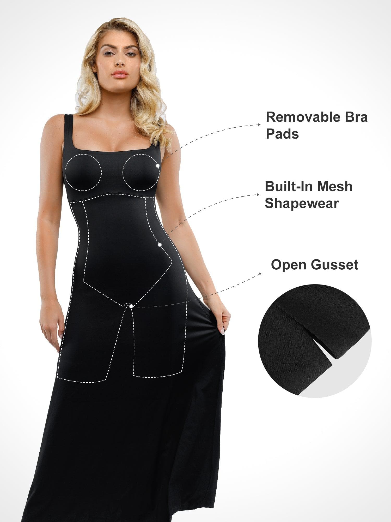 Popilush Shapewear Sleeveless Square Neck Houglass A-Line Maxi Dress - Image 8
