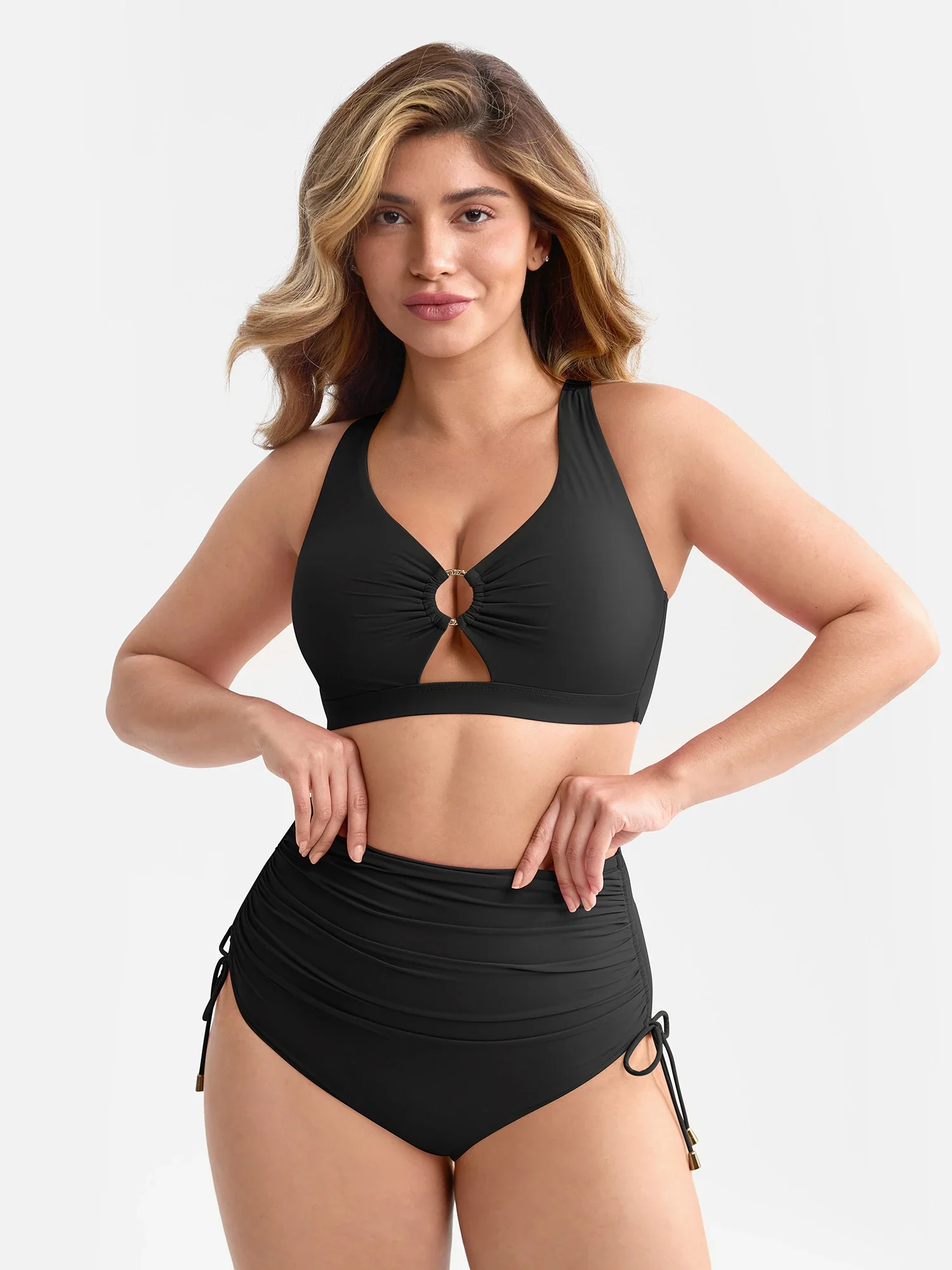Feelingirl Deep V Metal Ring Drawstring Removable Pads Swimsuit - Image 15