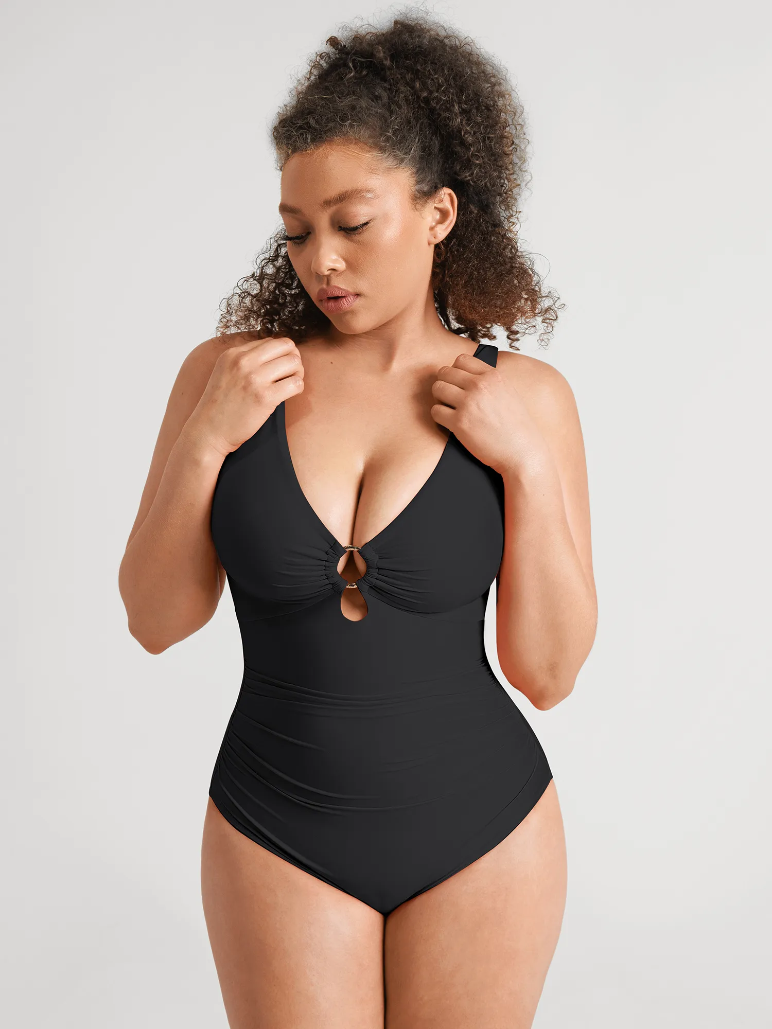 Feelingirl Deep V Metal Ring Ruched Sculpting Swimsuit - Image 23