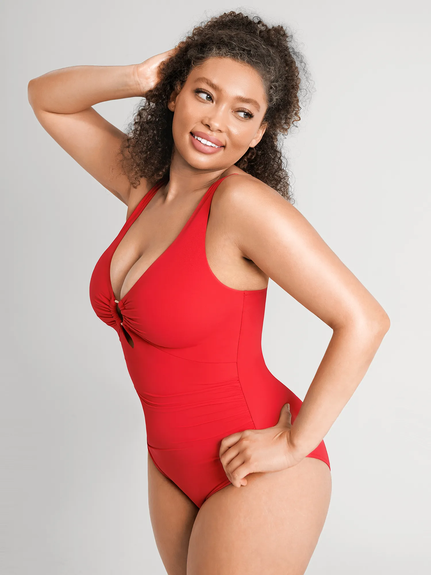 Feelingirl Deep V Metal Ring Ruched Sculpting Swimsuit - Image 56