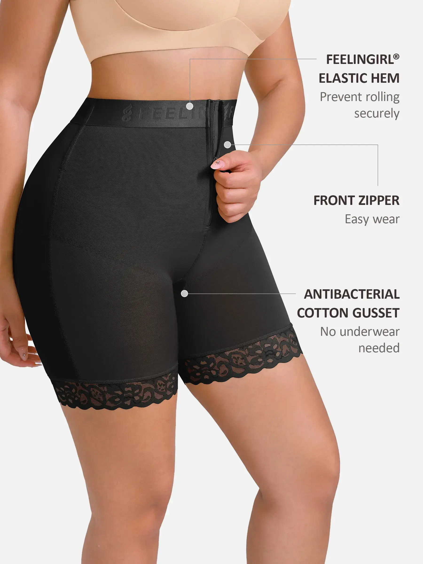 Feelingirl Front-Zip Mid-Waist Shapewear Shorts - Image 7