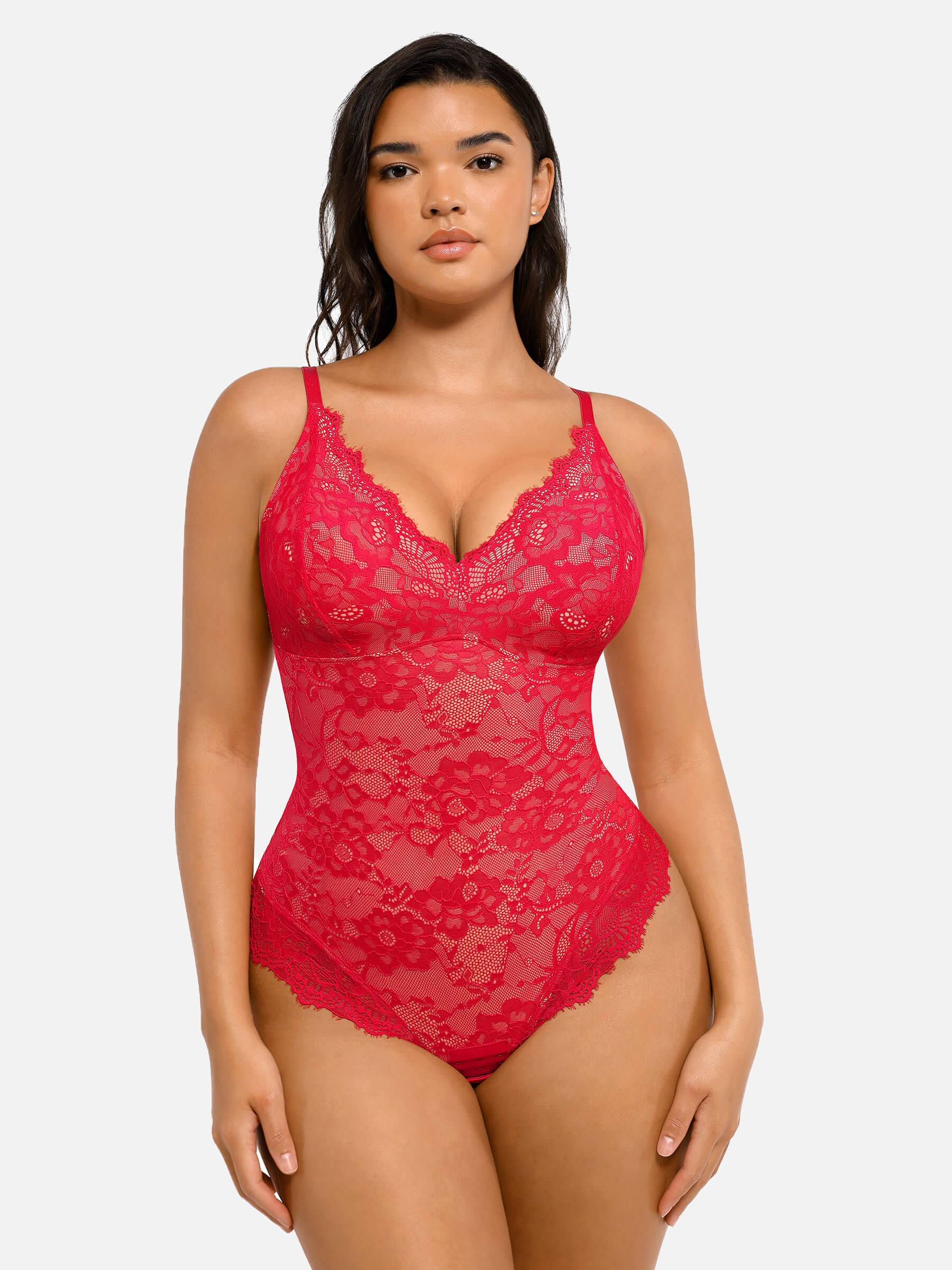 Feelingirl Lace V Neck Full Thong Bodysuit - Image 66