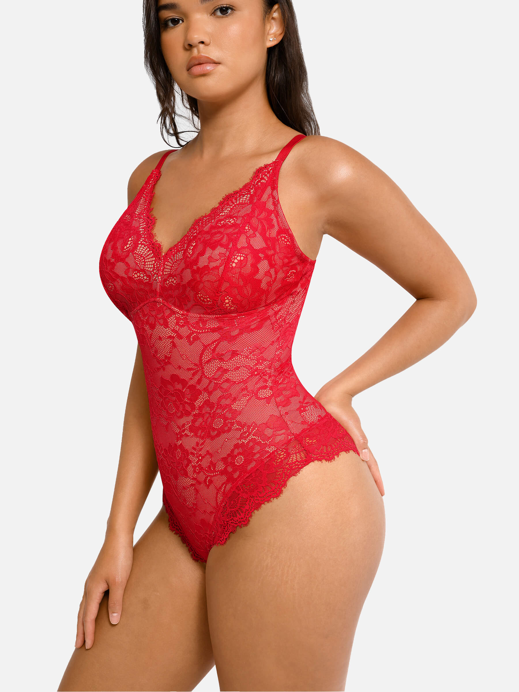 Feelingirl Lace V Neck Full Thong Bodysuit - Image 68