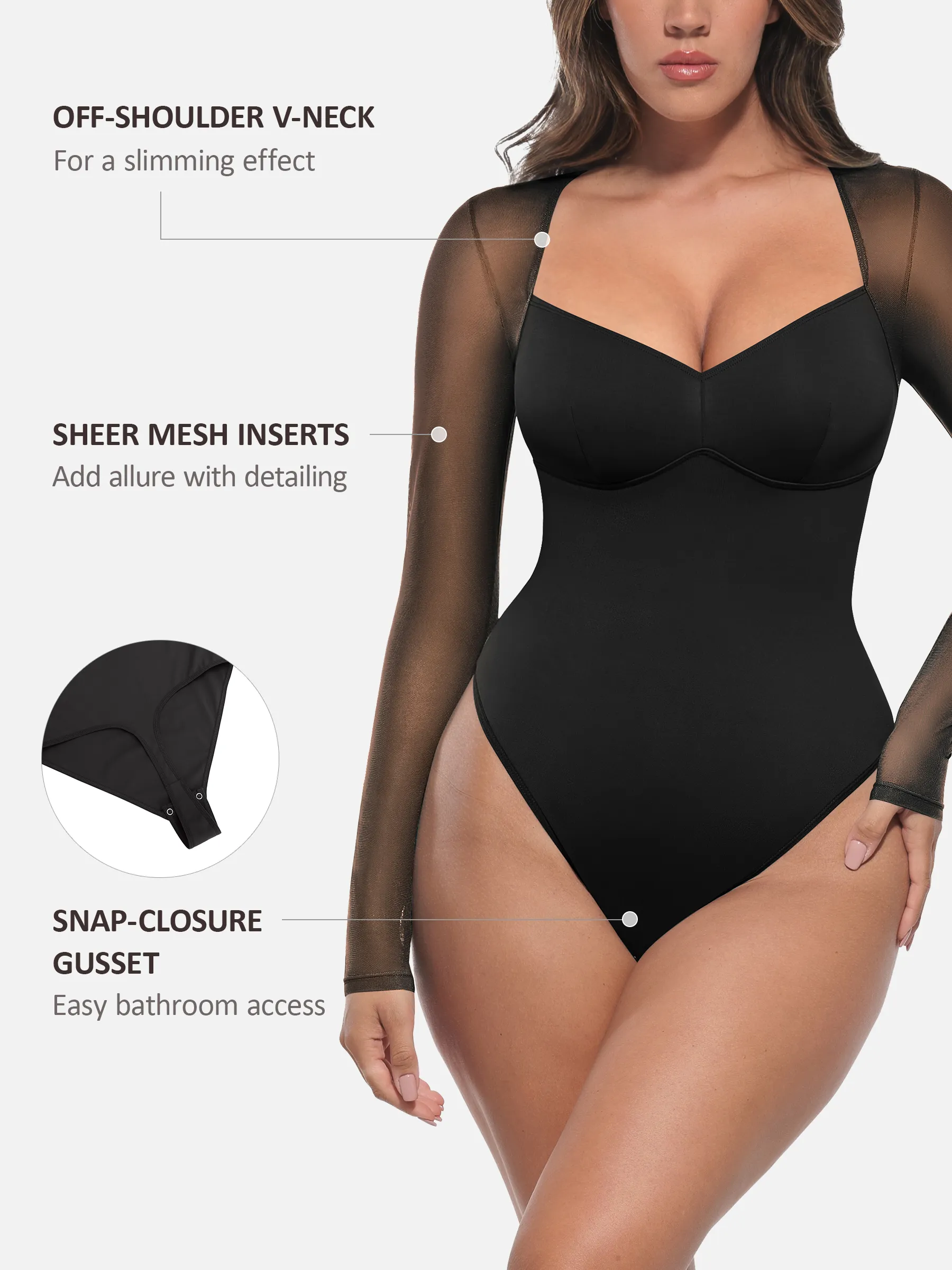 Feelingirl Mesh Panel V-Neck Bodysuit - Image 2