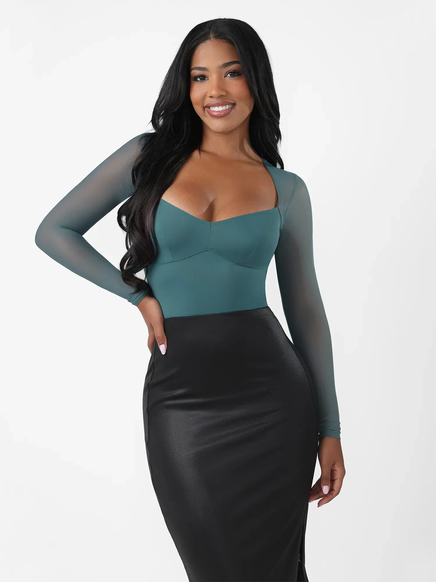 Feelingirl Mesh Panel V-Neck Thong Bodysuit - Image 22