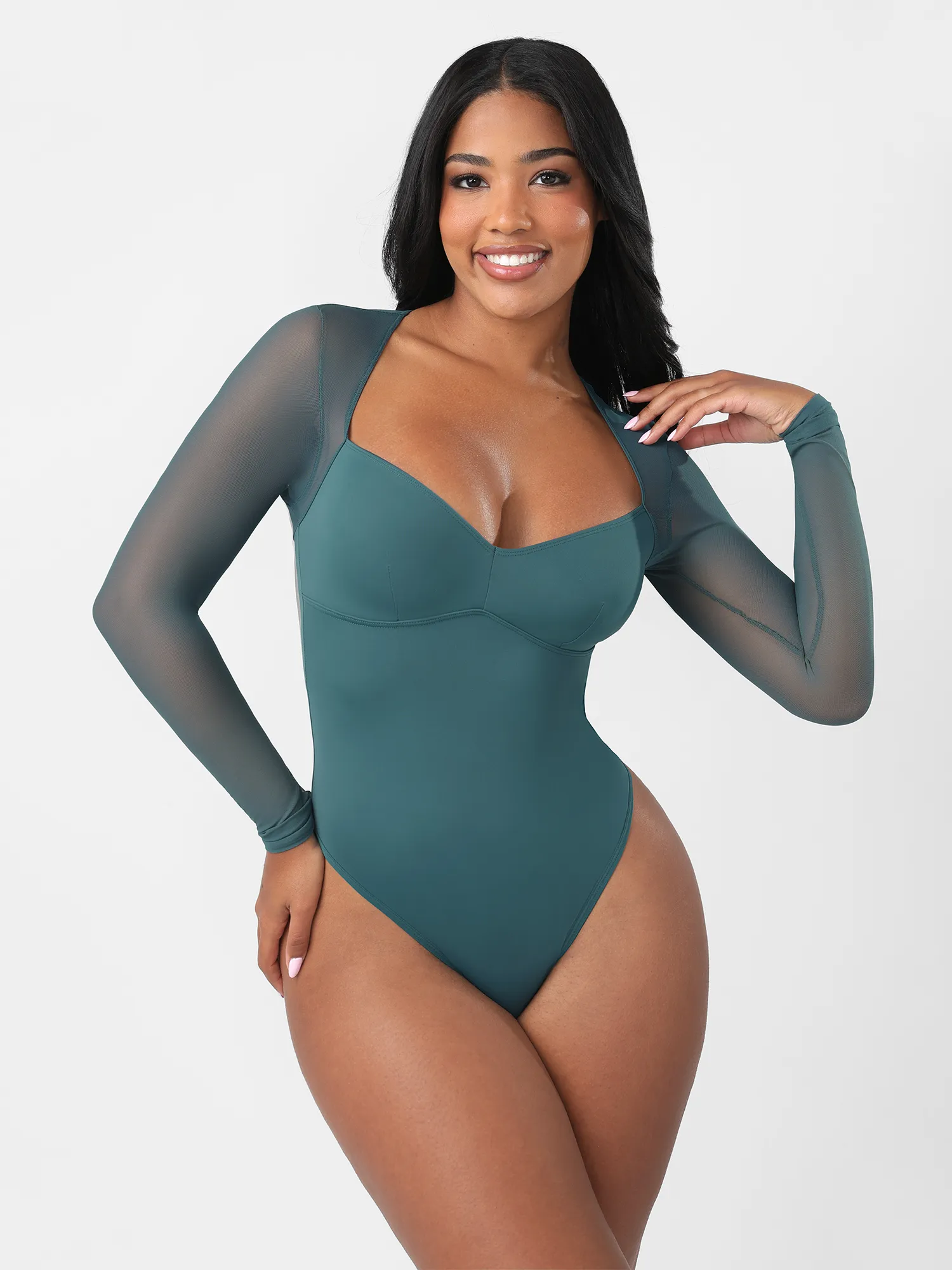 Feelingirl Mesh Panel V-Neck Thong Bodysuit - Image 24