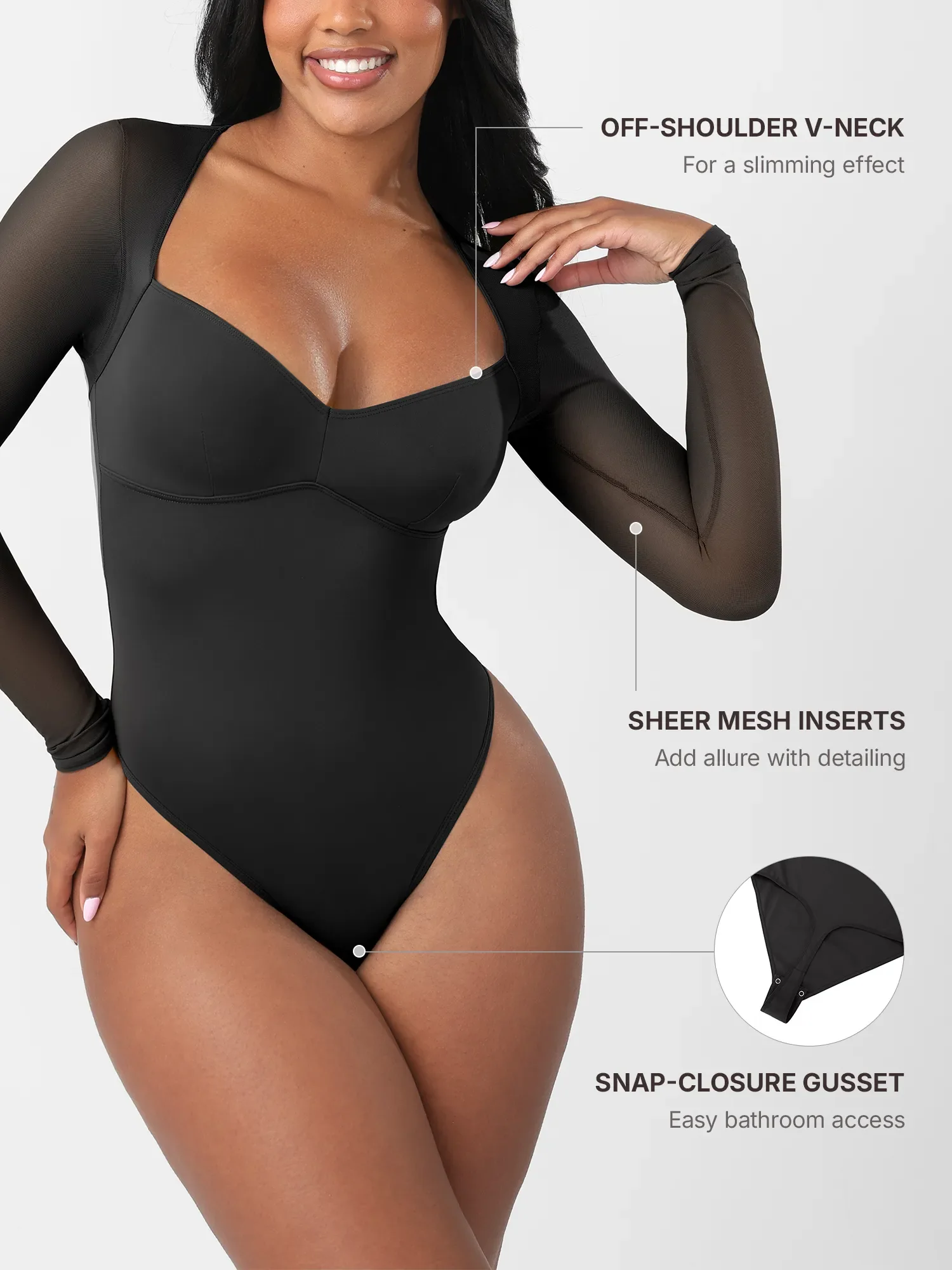 Feelingirl Mesh Panel V-Neck Thong Bodysuit - Image 3