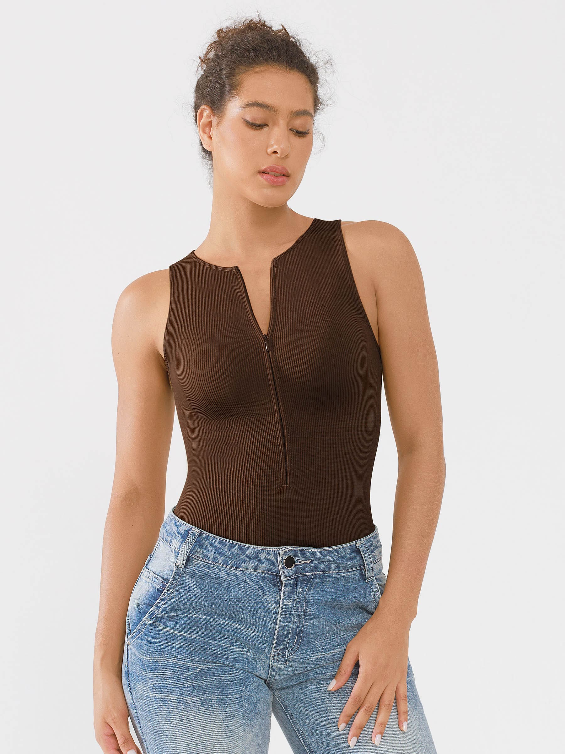 Feelingirl Ribbed Seamless Bodysuit with Crew Neck and Invisible Zip - Image 14