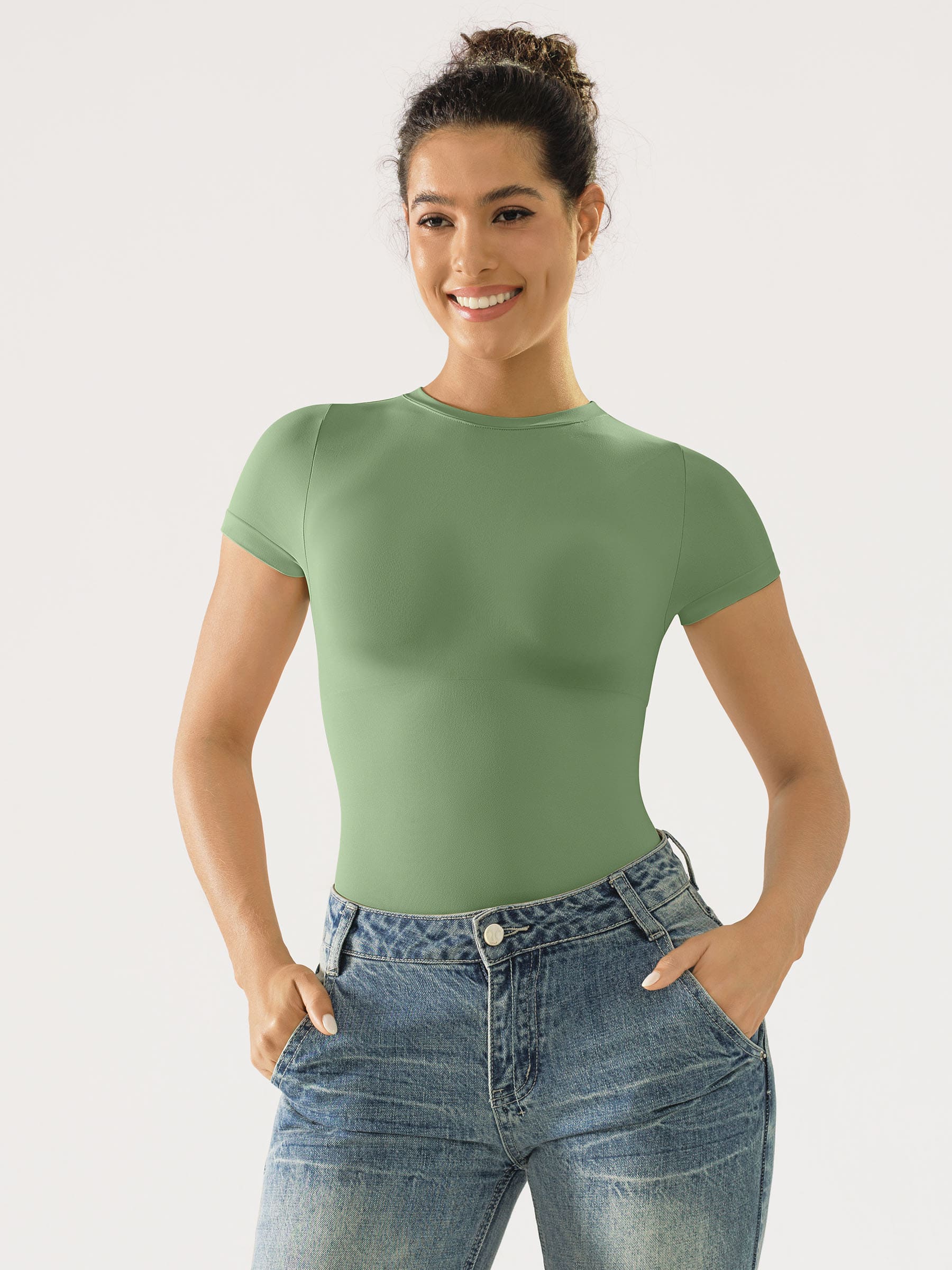 Feelingirl Seamless Bodysuit Smooth Soft Fabric Crew Neck Short Sleeve - Image 34