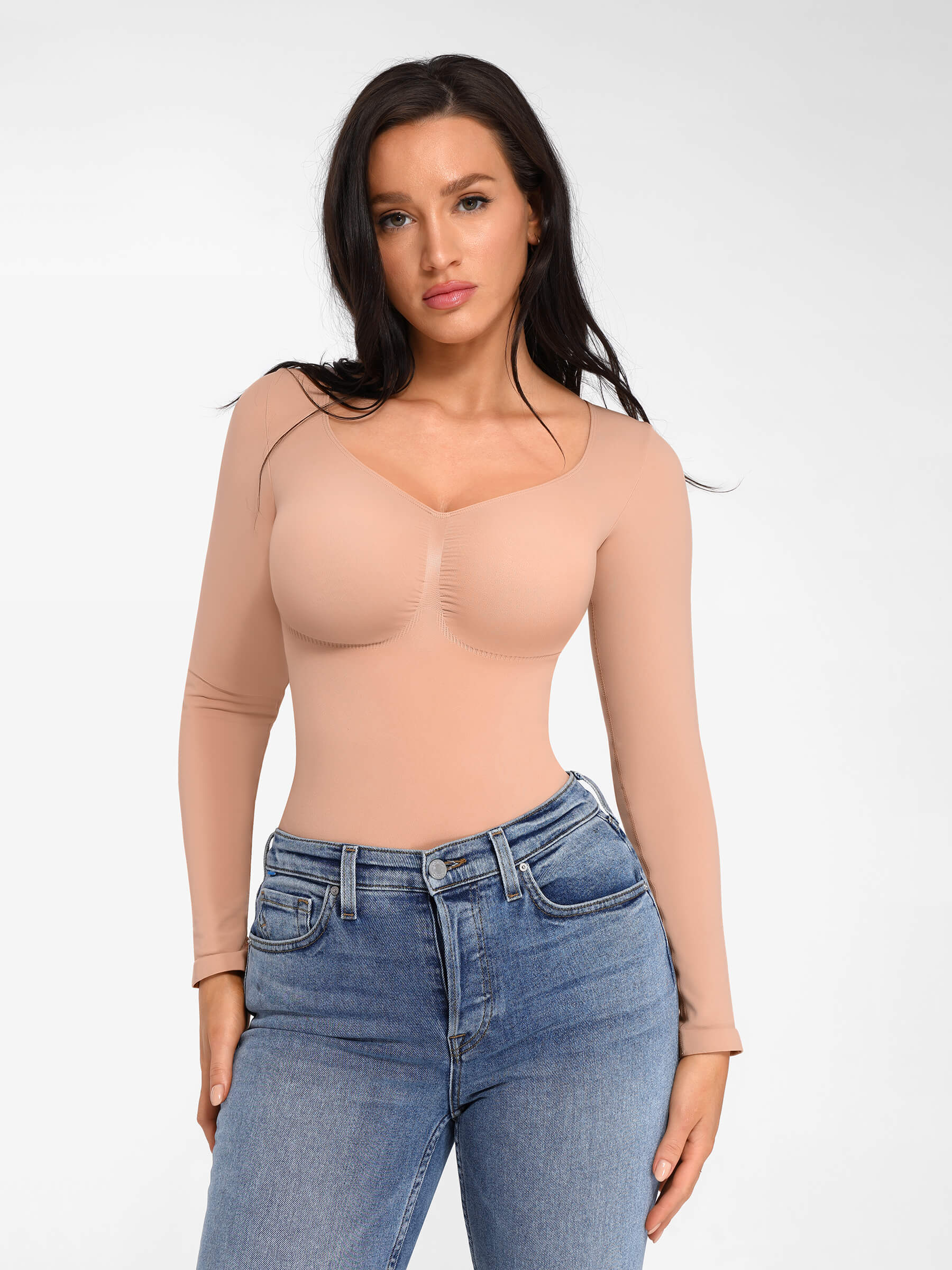 Feelingirl Seamless Long Sleeve Chest Support Tummy Control Thong Bodysuit - Image 21