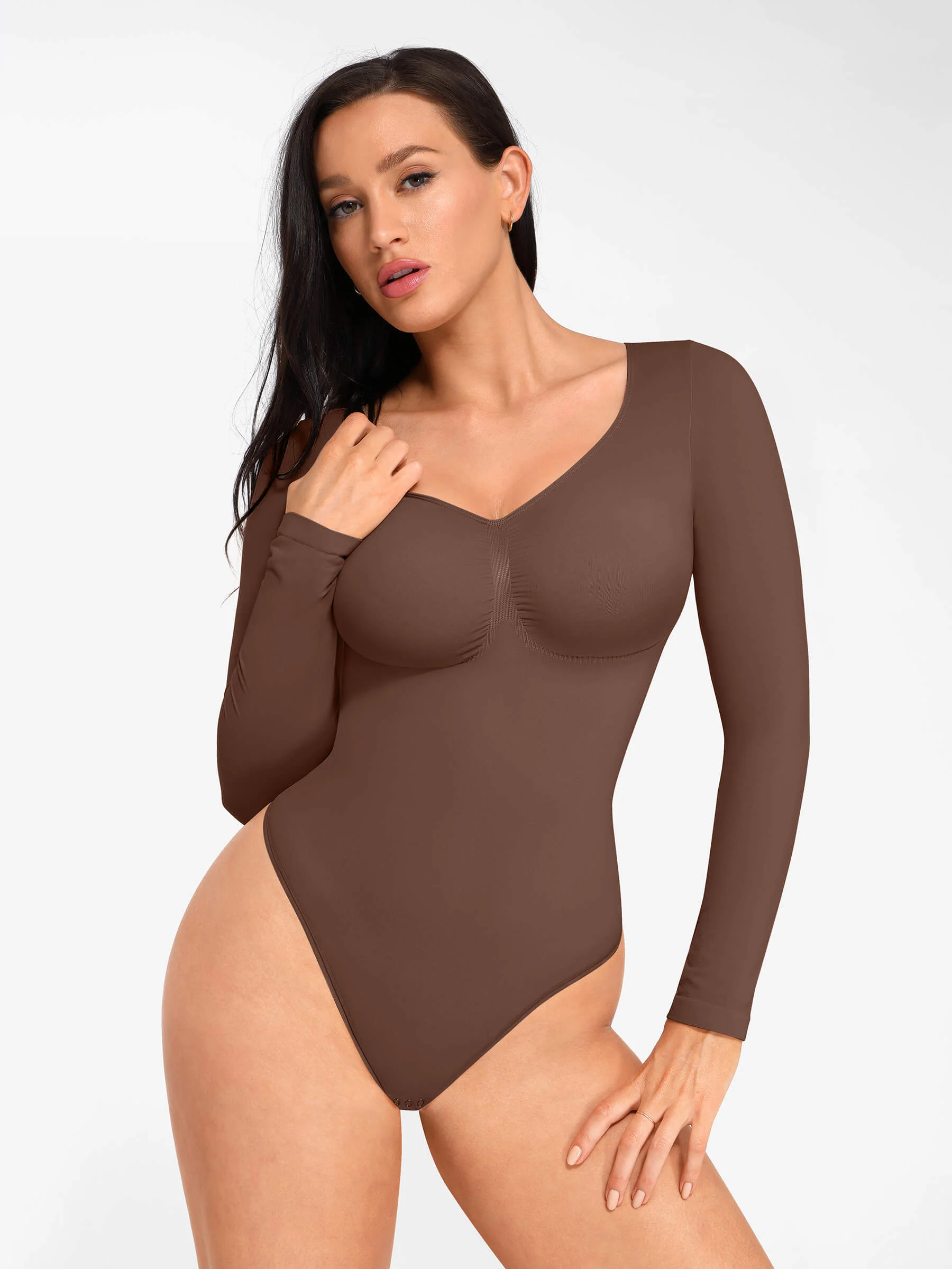 Feelingirl Seamless Long Sleeve Chest Support Tummy Control Thong Bodysuit - Image 28