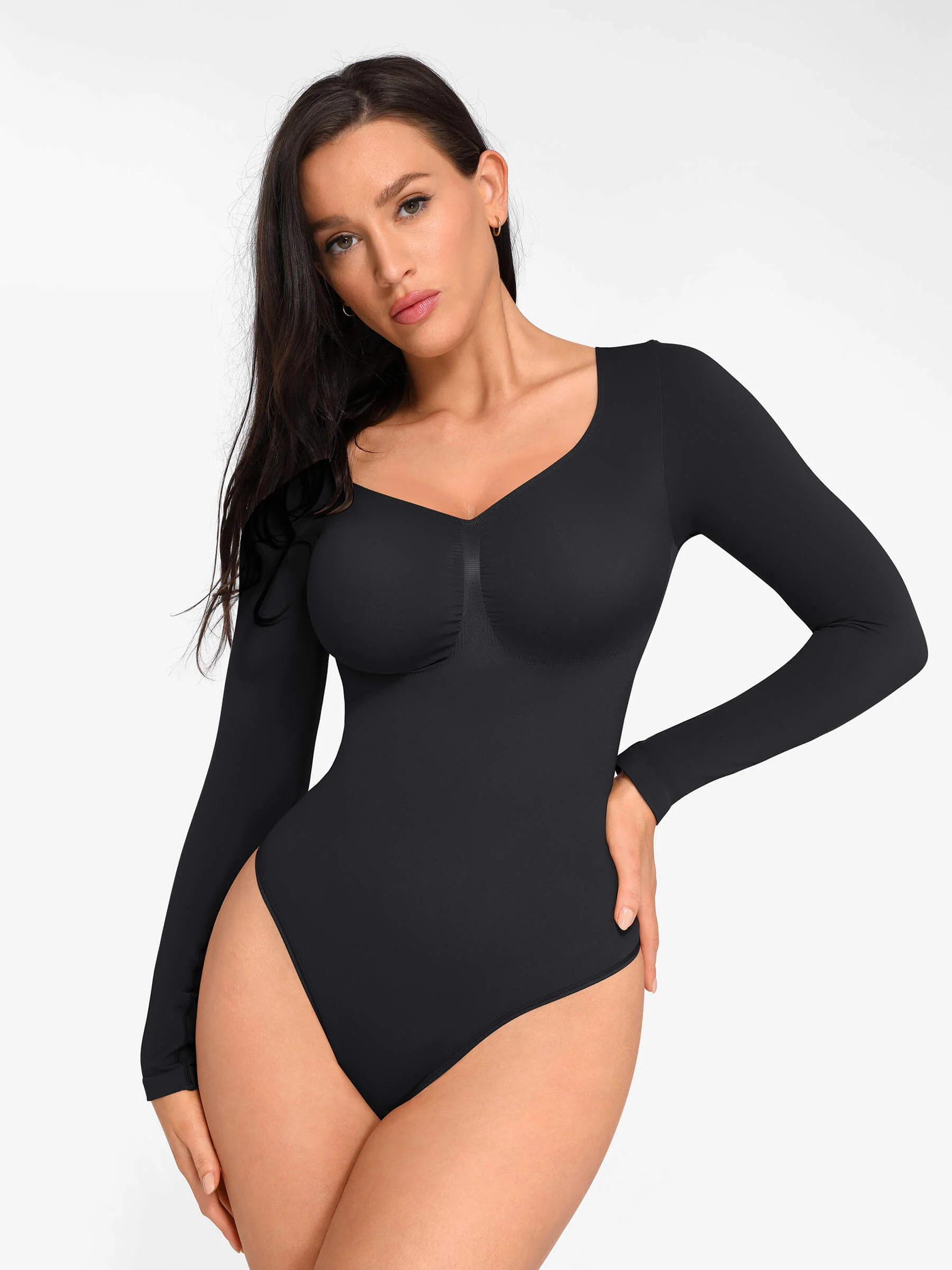 Feelingirl Seamless Long Sleeve Chest Support Tummy Control Thong Bodysuit - Image 37