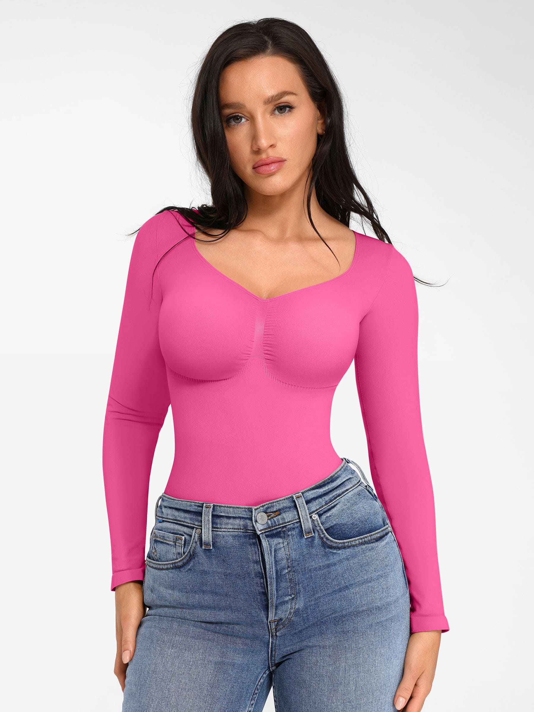 Feelingirl Seamless Long Sleeve Chest Support Tummy Control Thong Bodysuit - Image 51