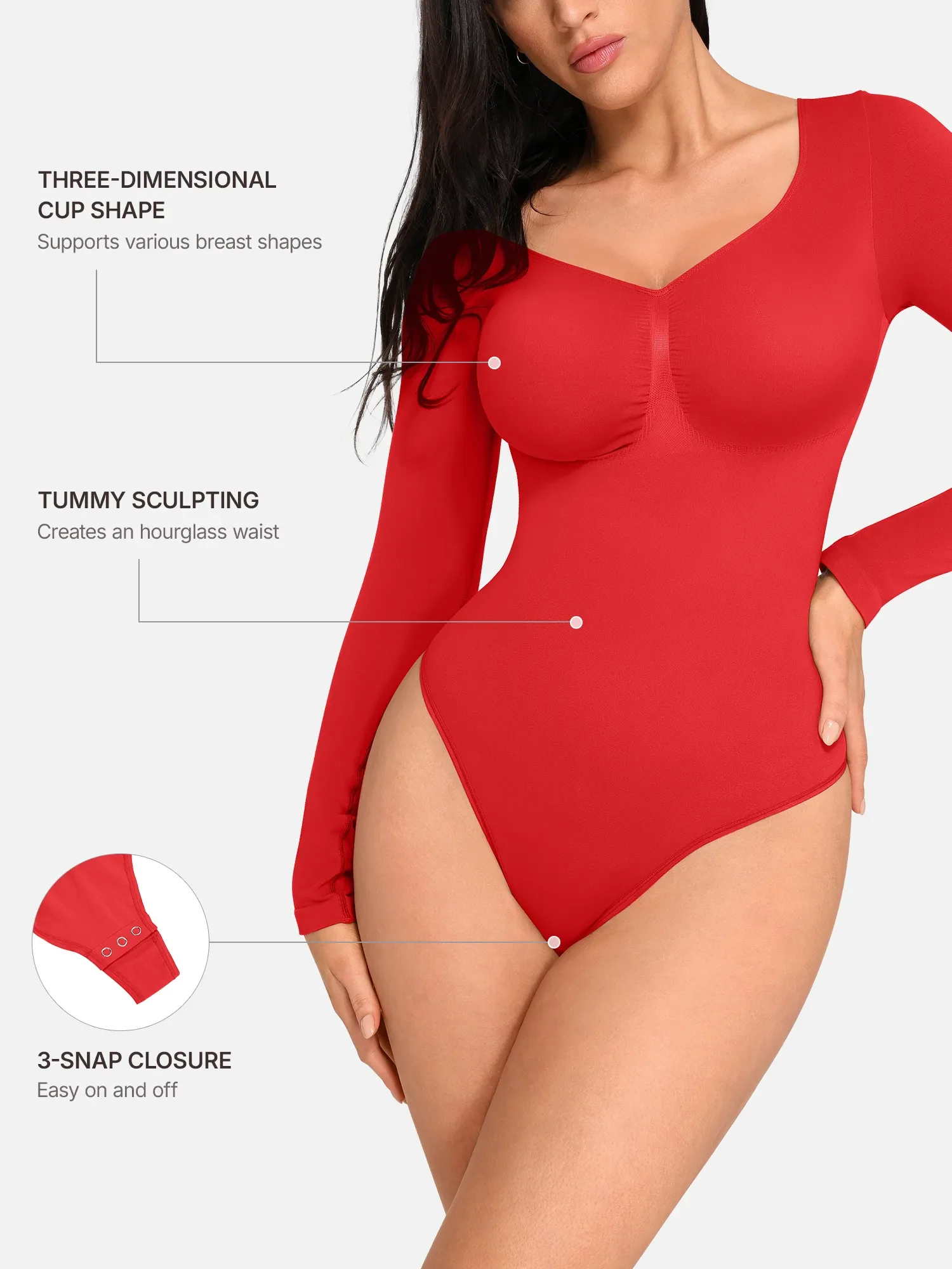 Feelingirl Seamless Long Sleeve Chest Support Tummy Control Thong Bodysuit - Image 57