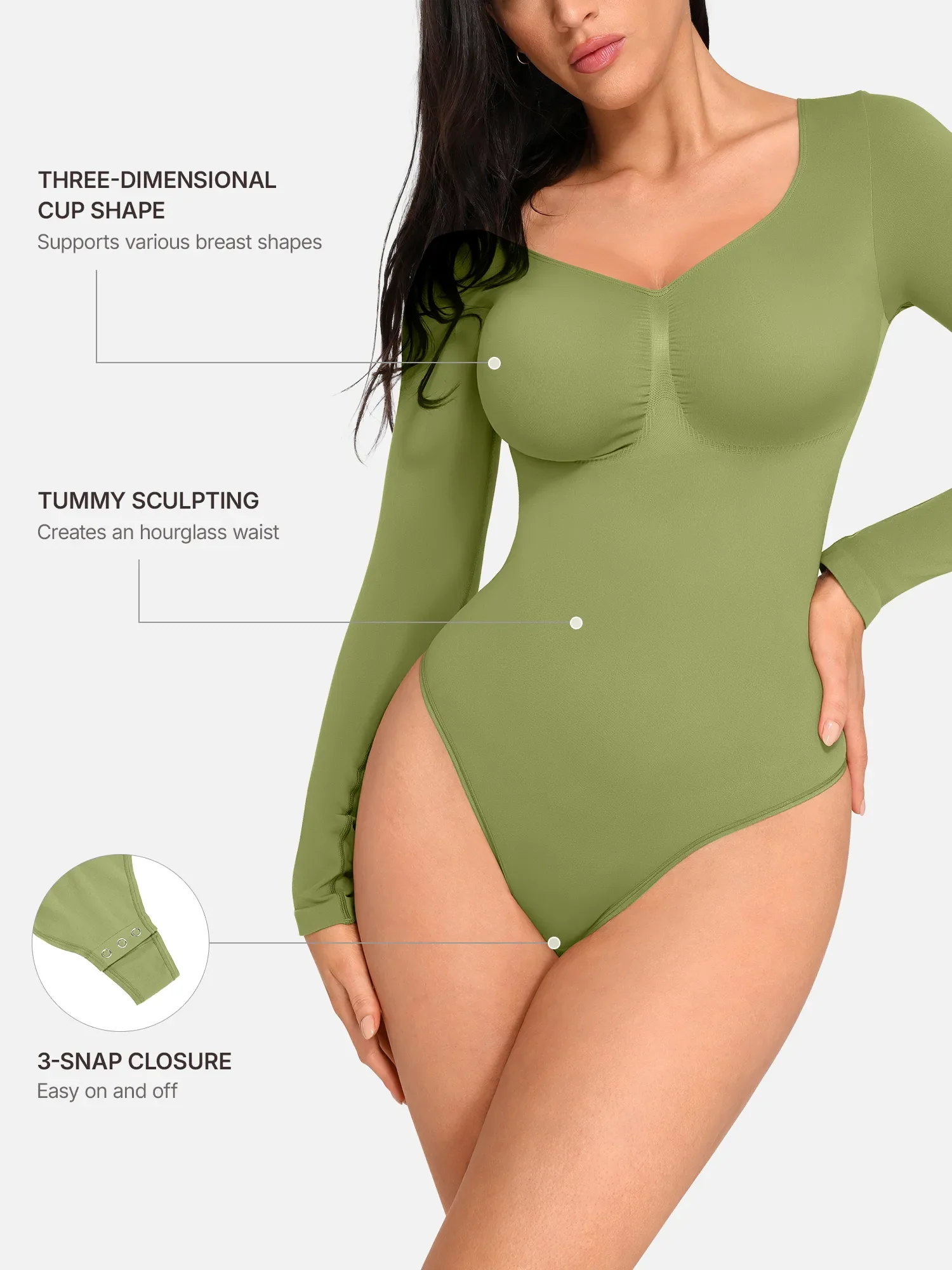 Feelingirl Seamless Long Sleeve Chest Support Tummy Control Thong Bodysuit - Image 70