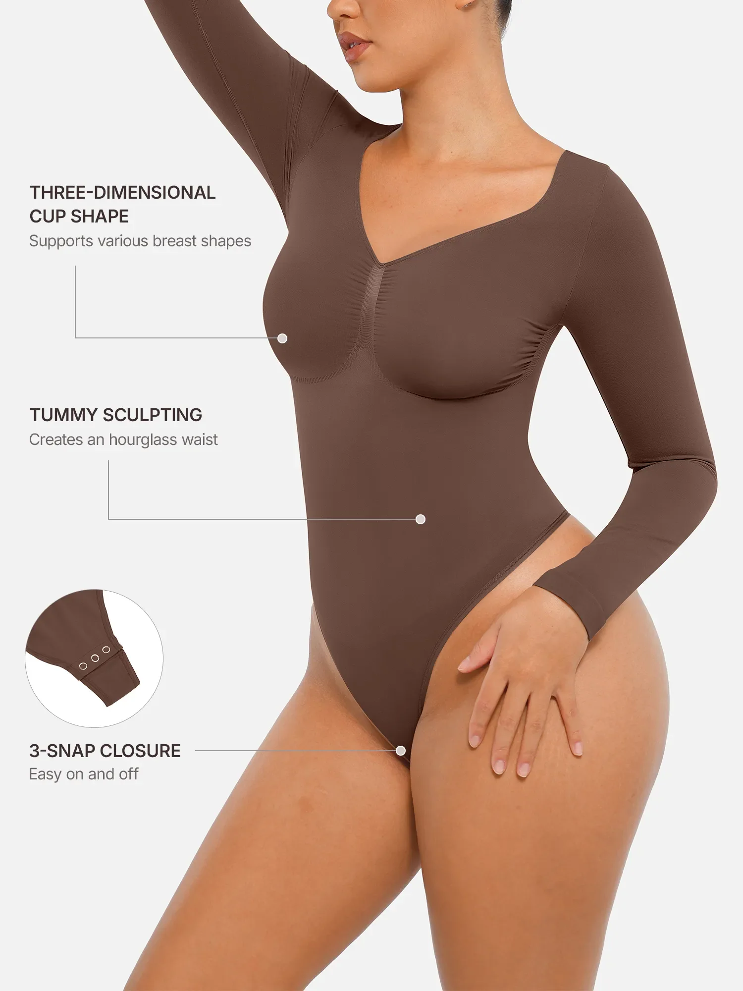 Feelingirl Seamless Long Sleeve Tummy Control Thong Bodysuit - Image 30