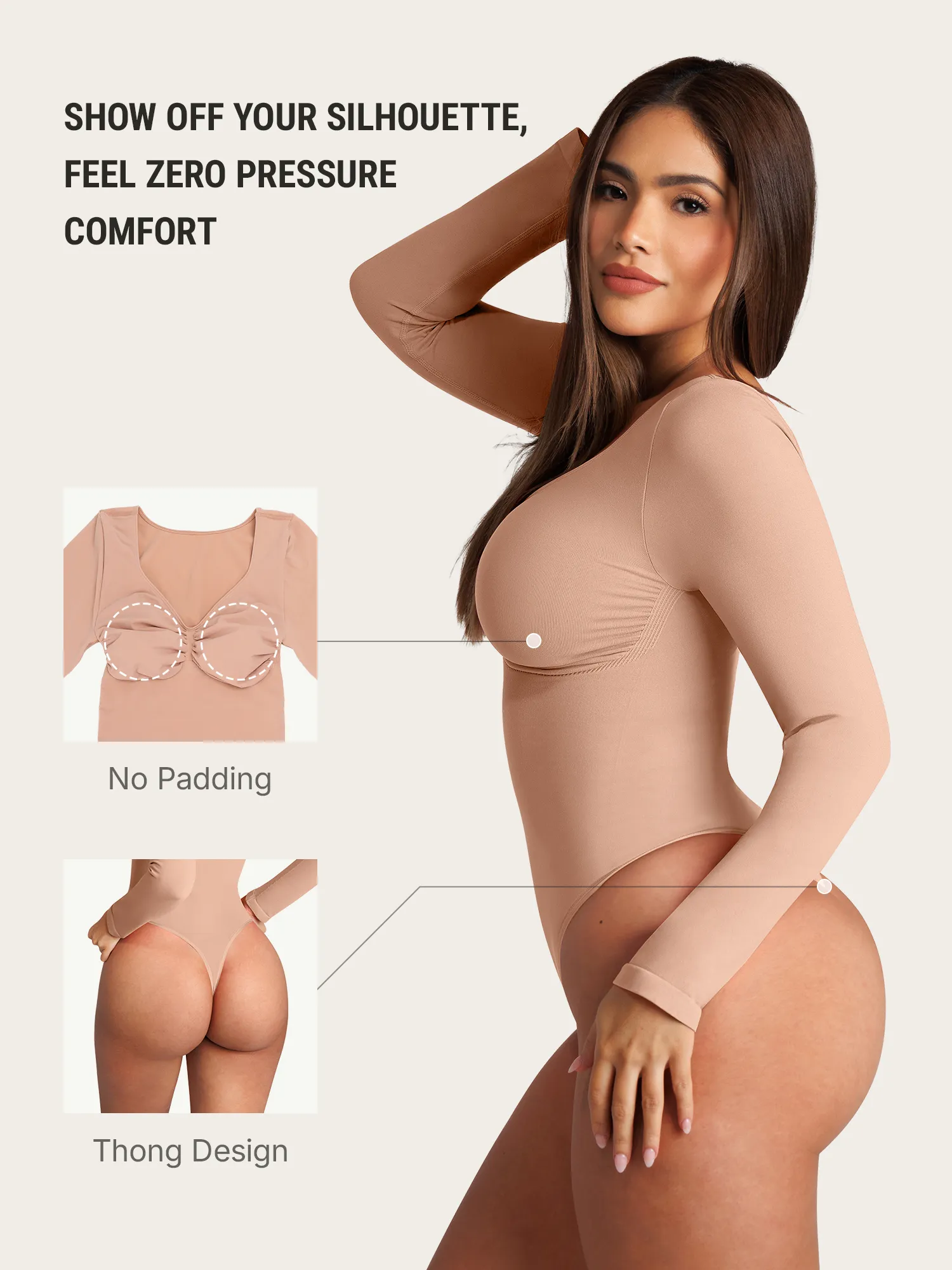 Feelingirl Seamless Long Sleeve Tummy Control Thong Bodysuit - Image 40