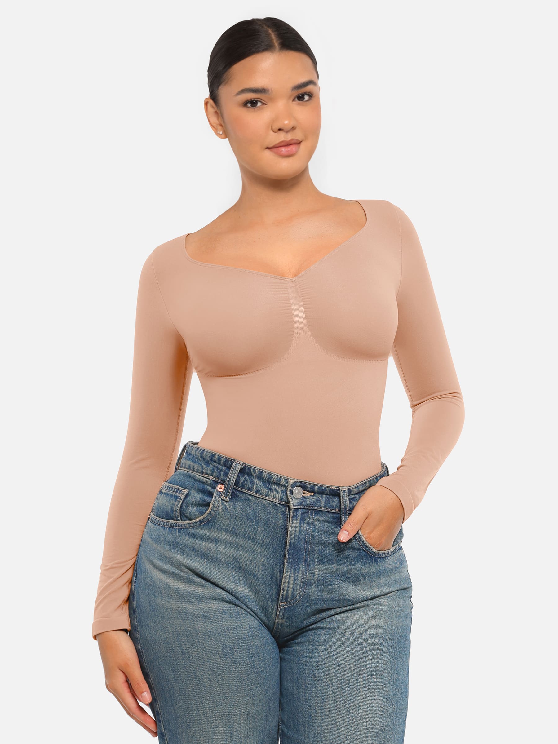 Feelingirl Seamless Long Sleeve Tummy Control Thong Bodysuit - Image 45