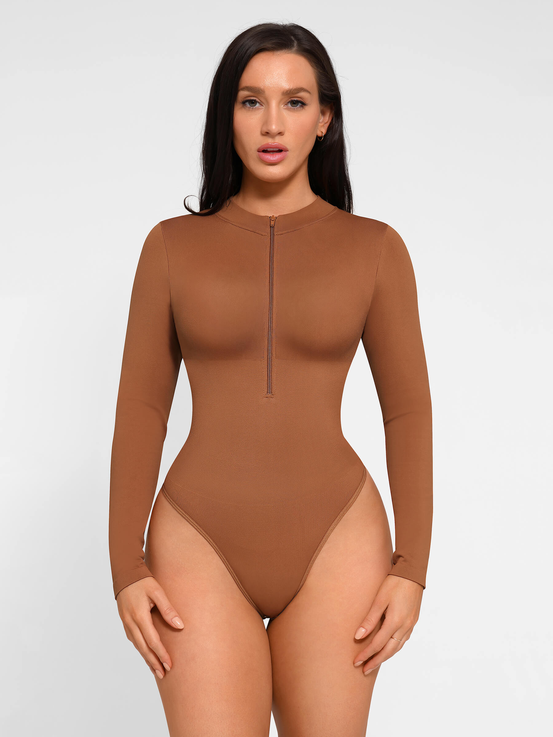 Feelingirl Seamless Long Sleeve Zipper Thong Bodysuit - Image 13