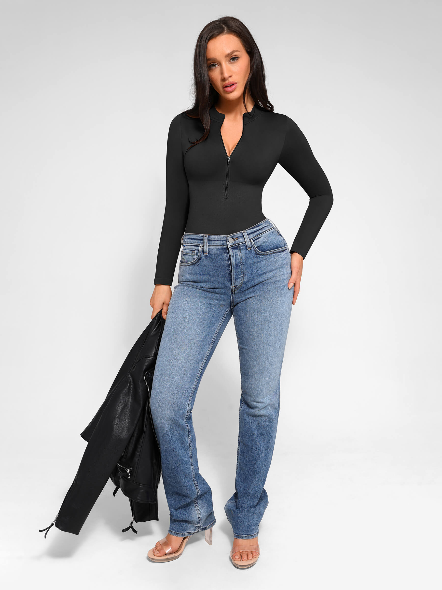 Feelingirl Seamless Long Sleeve Zipper Thong Bodysuit - Image 7