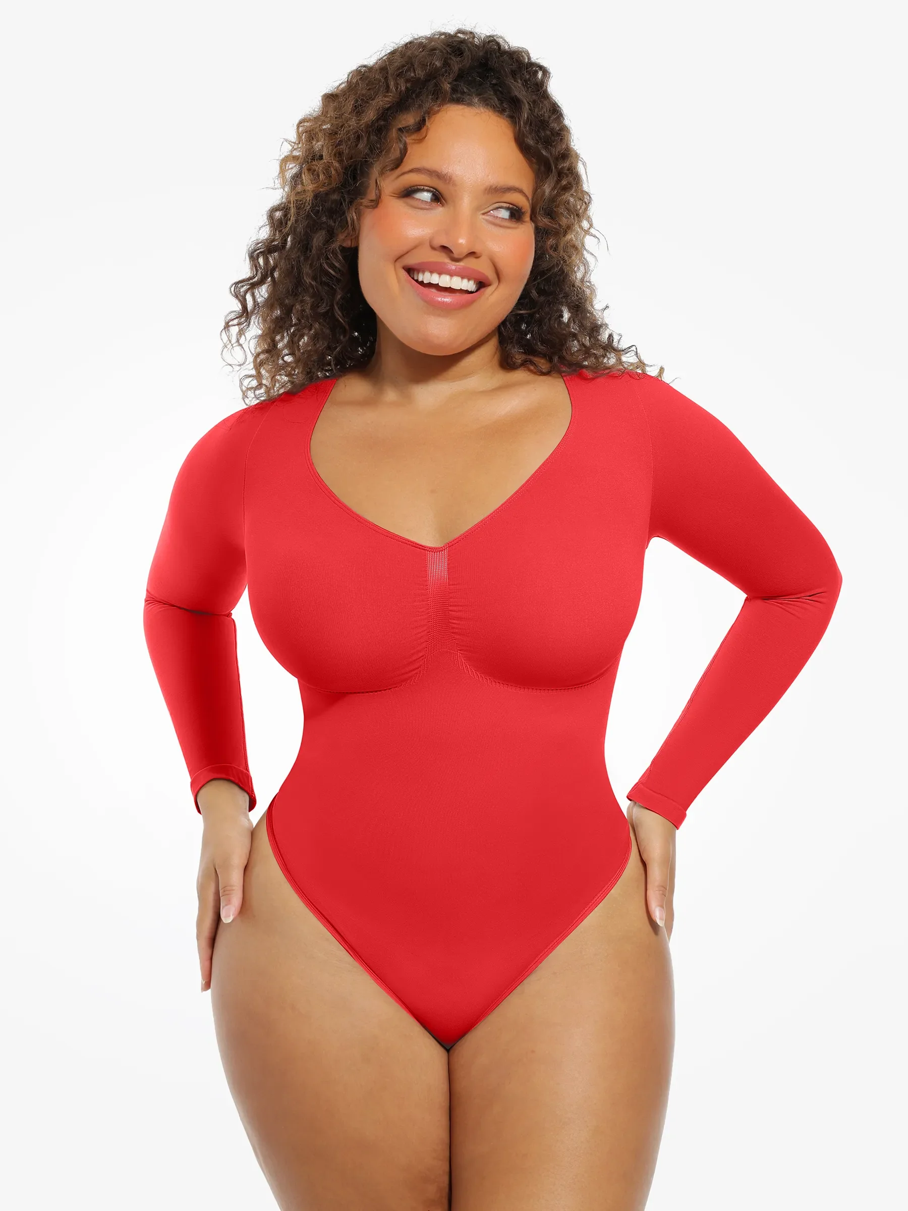 Feelingirl Seamless Long Sleeve Chest Support Tummy Control Thong Bodysuit - Image 60