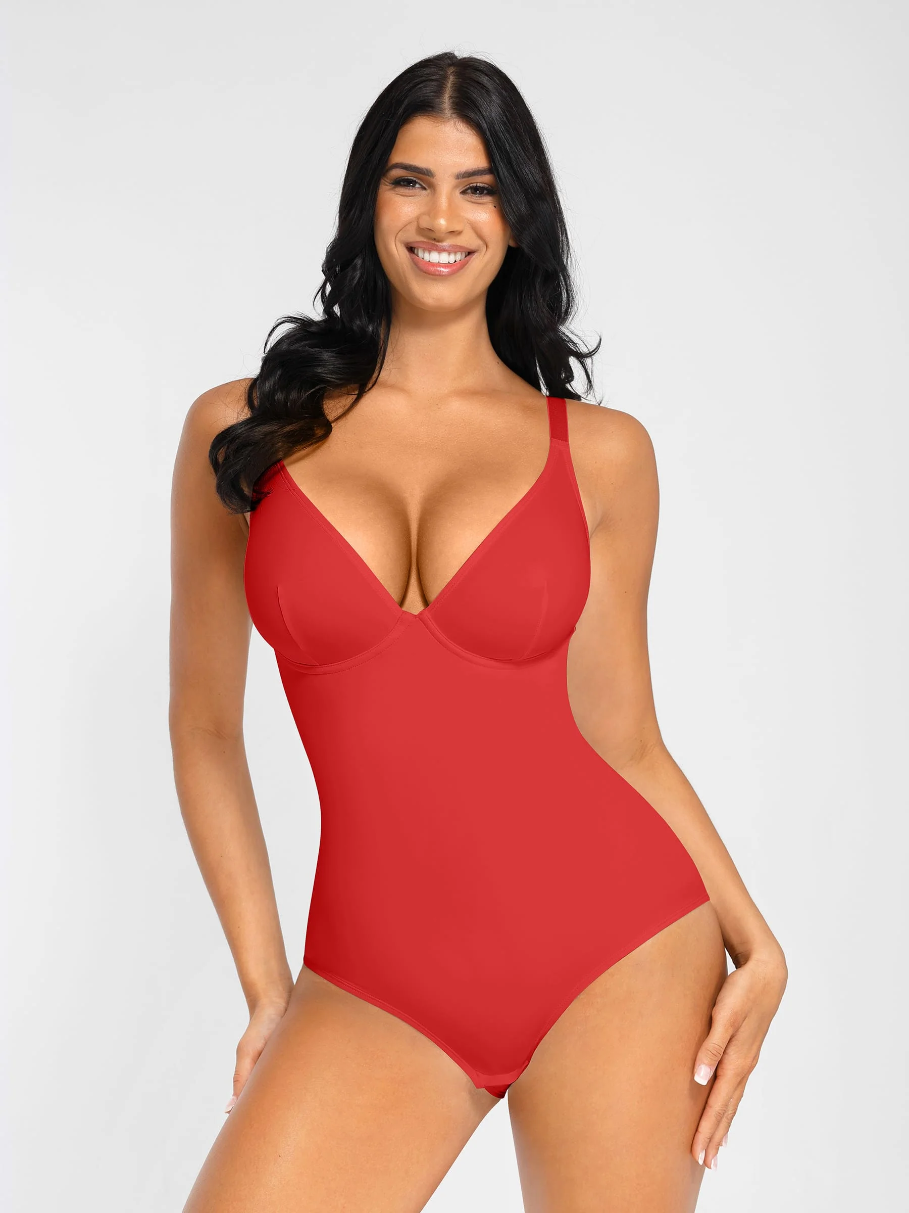 Feelingirl V Neck Adjustable Straps Tummy Control Bodysuit - Image 21