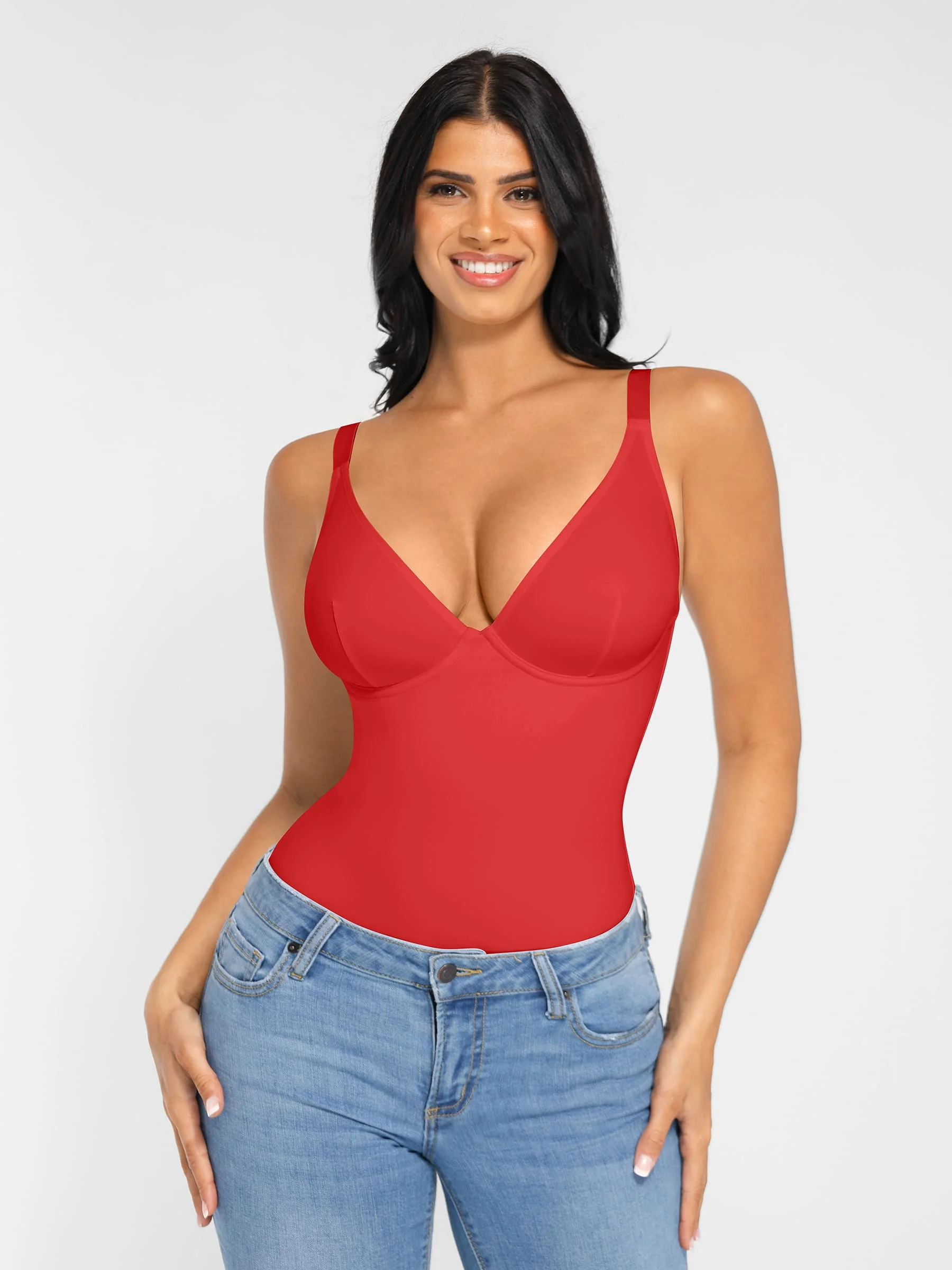Feelingirl V Neck Adjustable Straps Tummy Control Bodysuit - Image 26