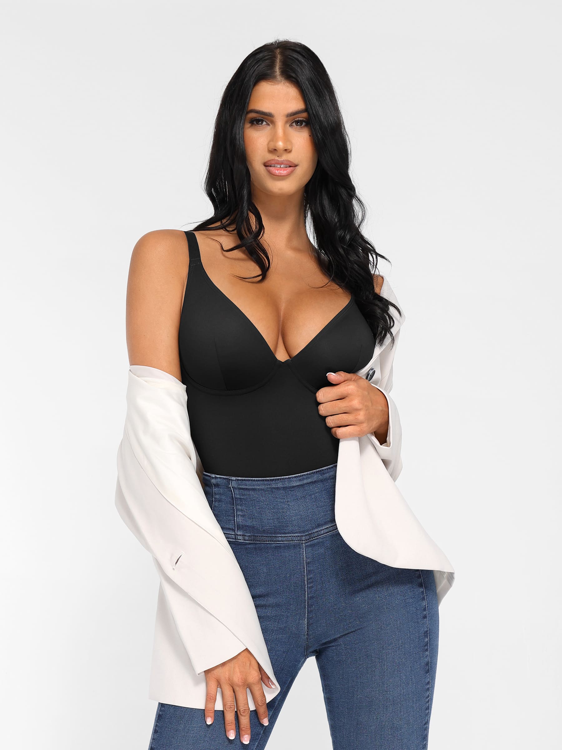 Feelingirl V Neck Adjustable Straps Tummy Control Bodysuit - Image 33