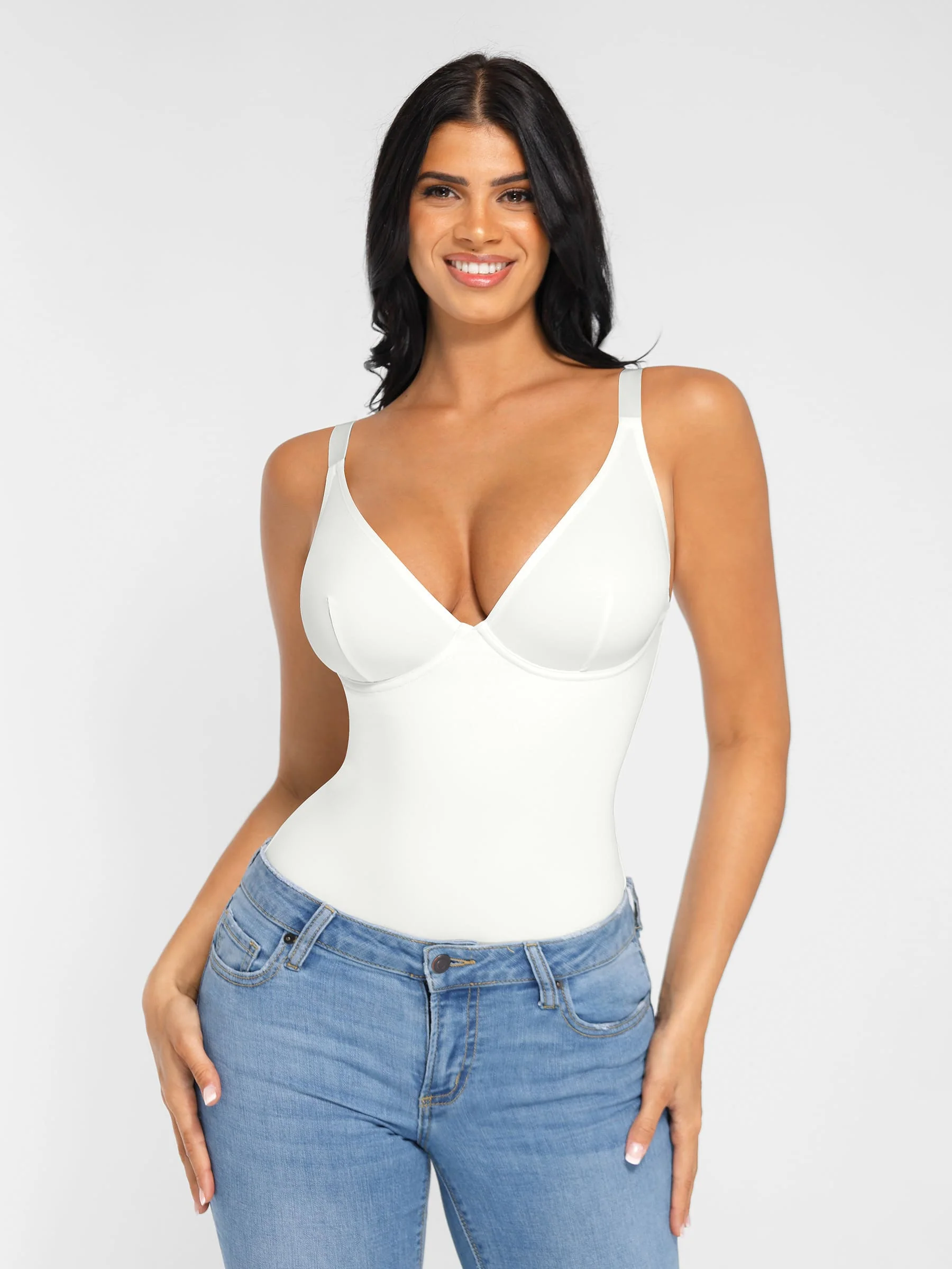 Feelingirl V Neck Adjustable Straps Tummy Control Bodysuit - Image 8