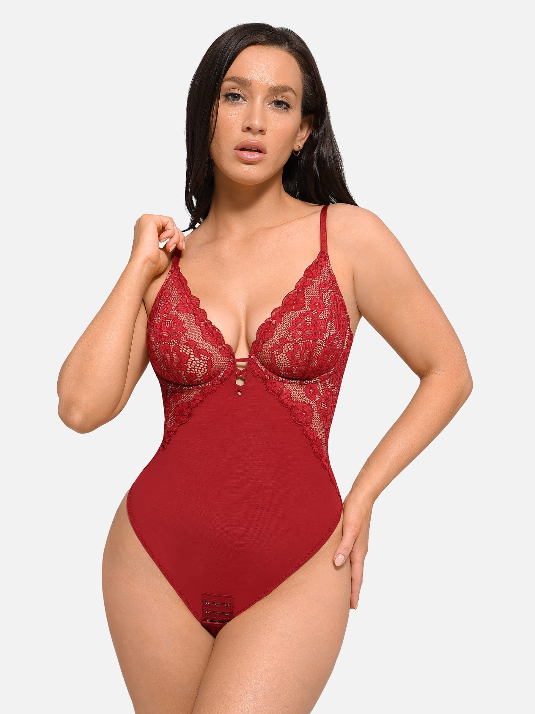 Feelingirl V Neck Elegant Lace Shaping Thongs Bodysuit - Image 7