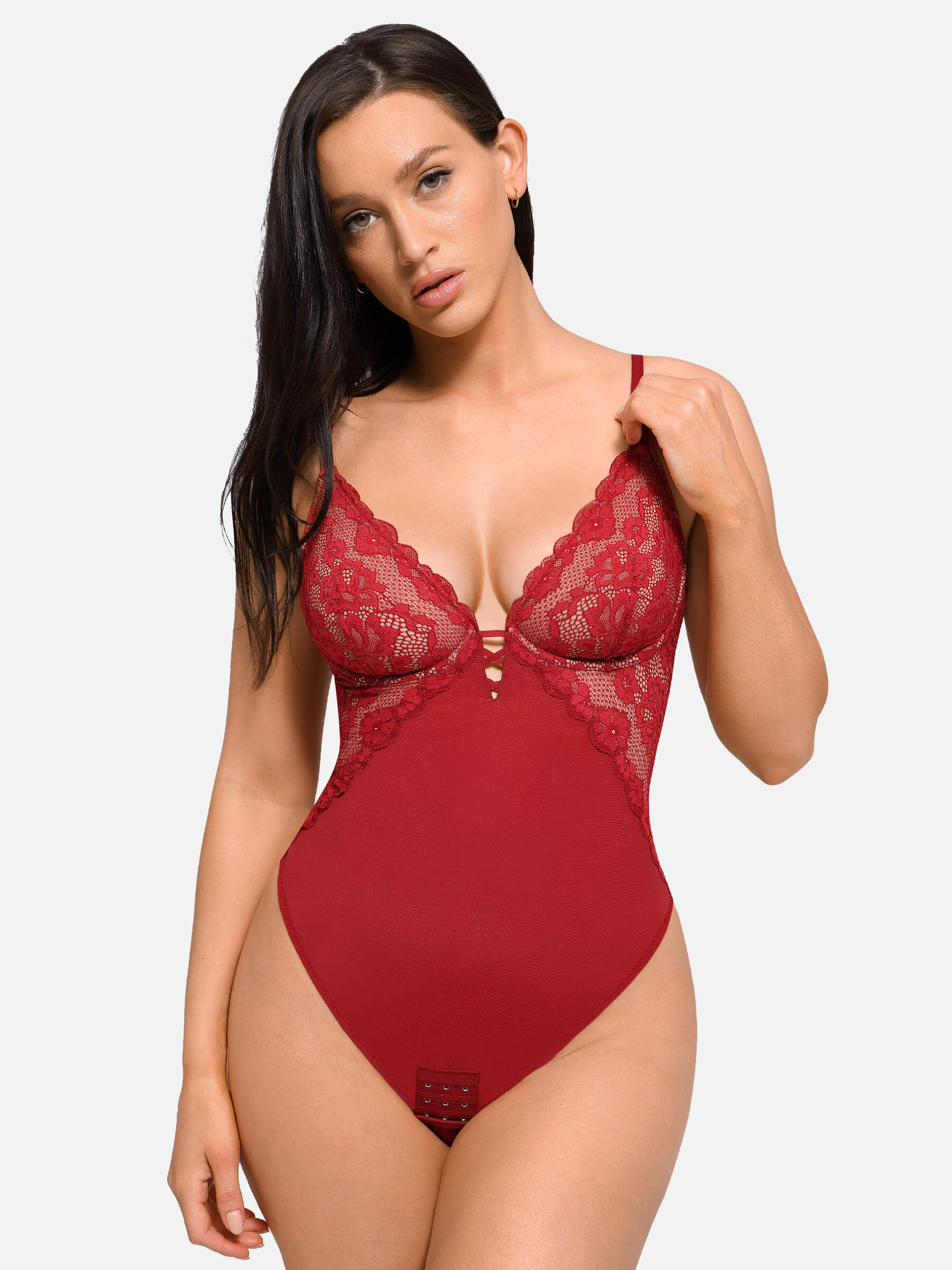 Feelingirl V Neck Elegant Lace Shaping Thongs Bodysuit - Image 8