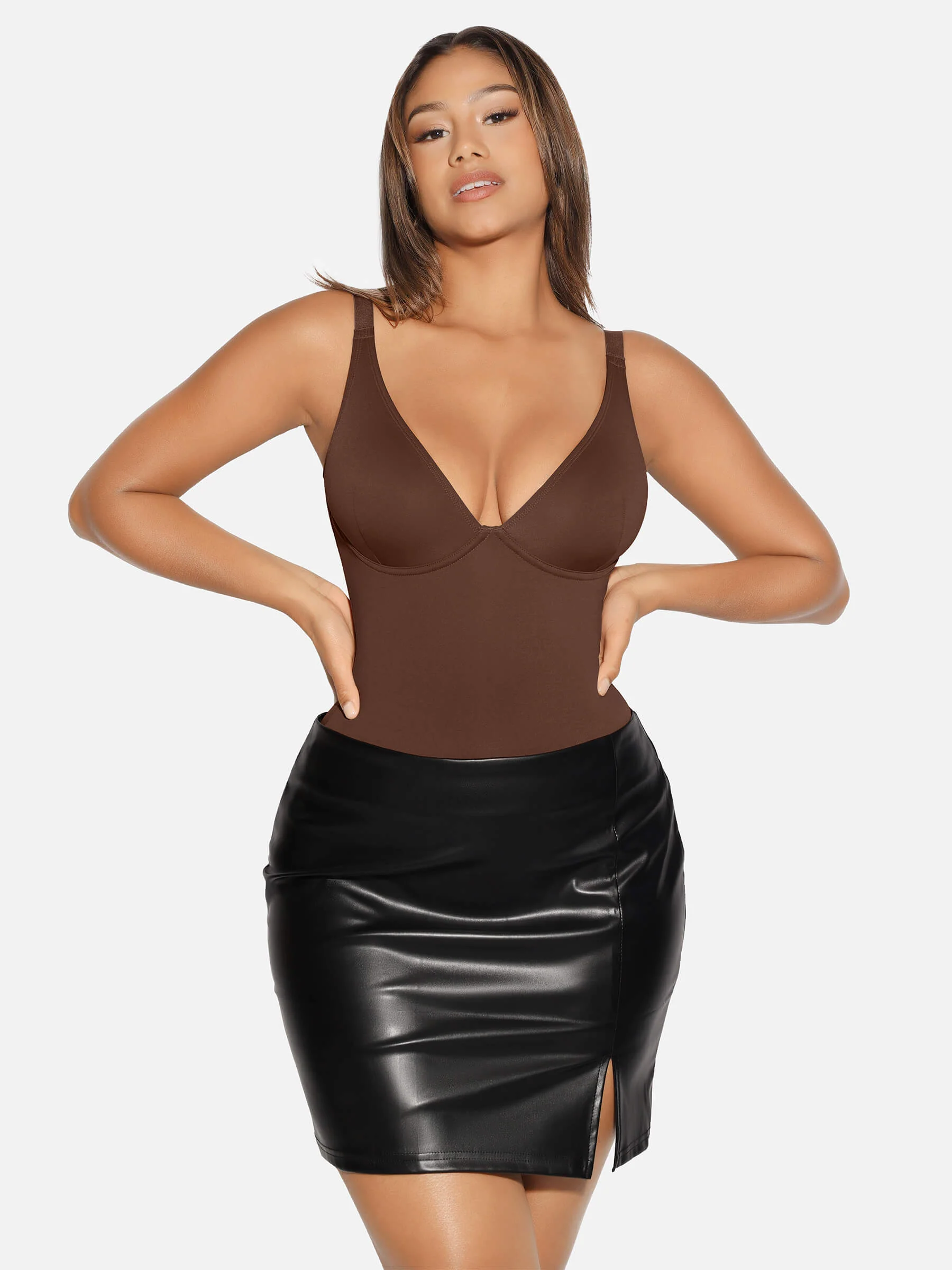 Feelingirl V Neck Tummy Control Shaping Bodysuit - Image 79