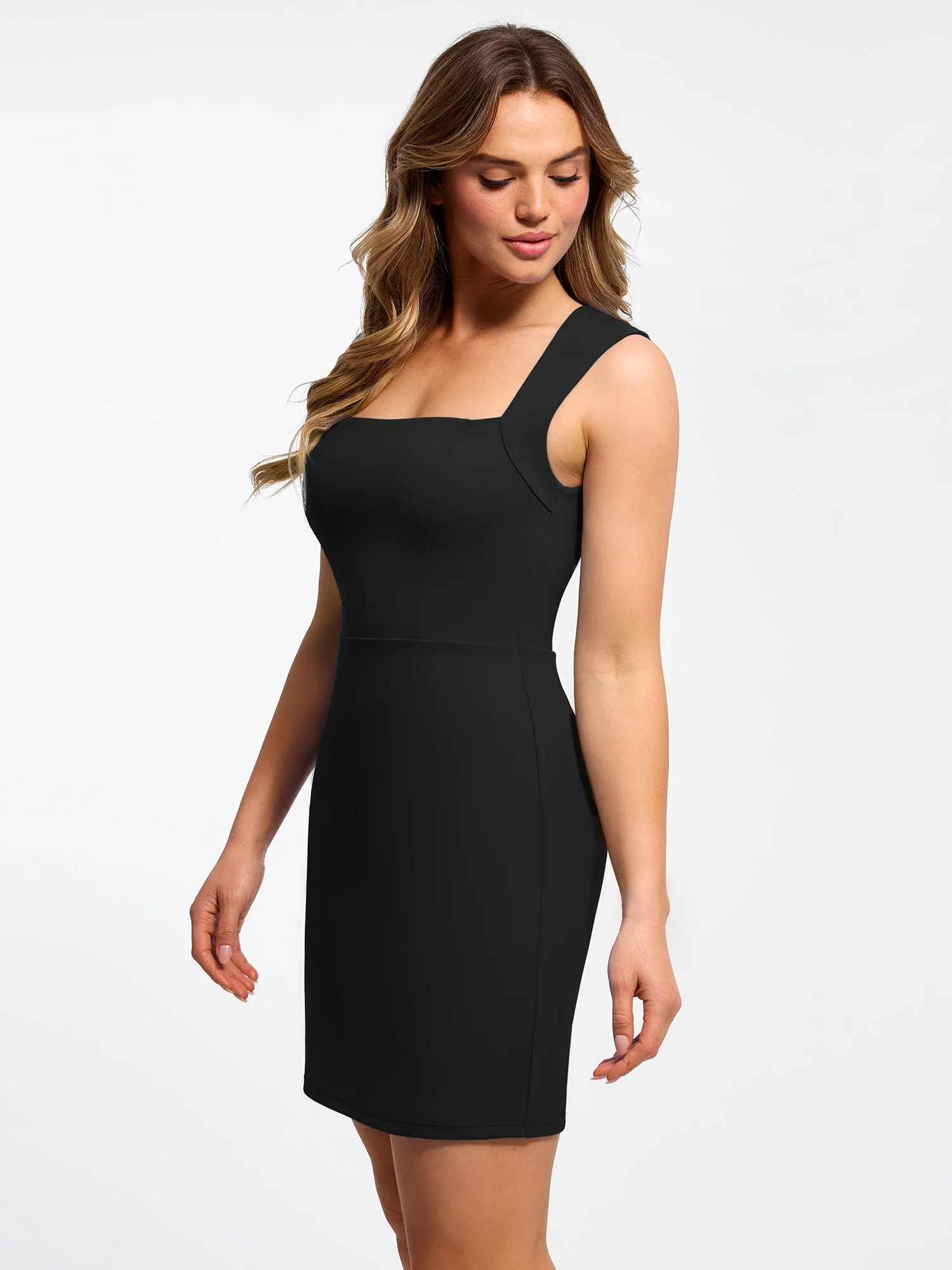 Popilush Shapewear Cut-in Square Neck Sculpting Midi Dress - Image 8