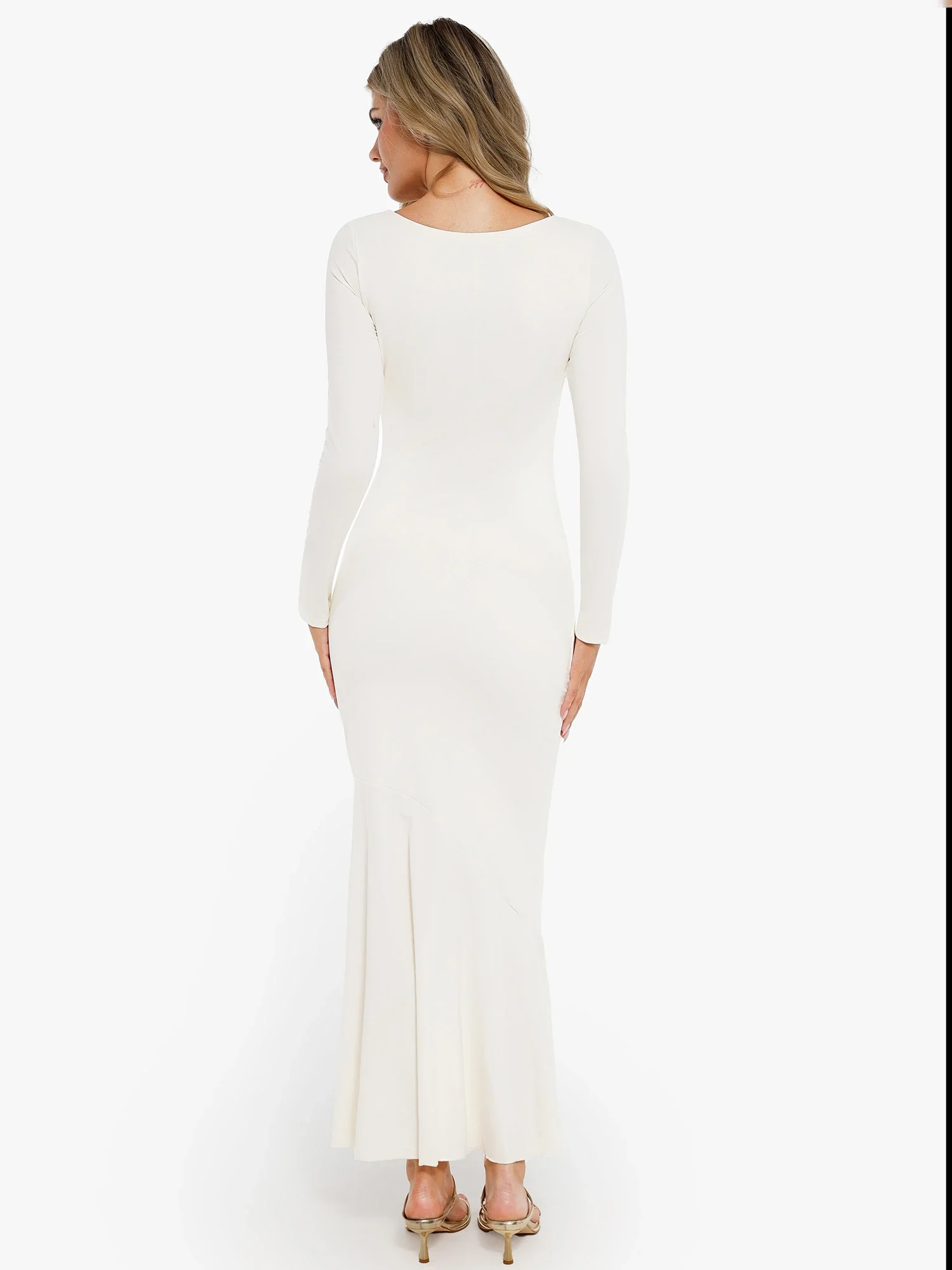 Popilush Shapewear Long Sleeve Lace Trim Sculpting Mermaid Maxi Dress - Image 15