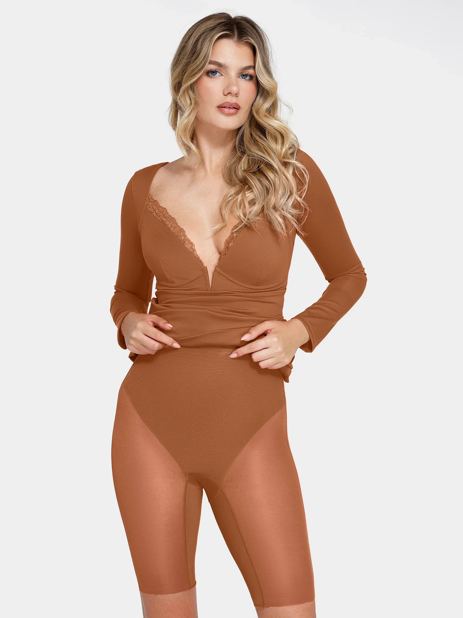 Popilush Shapewear Long Sleeve Lace Trim Sculpting Mermaid Maxi Dress - Image 18