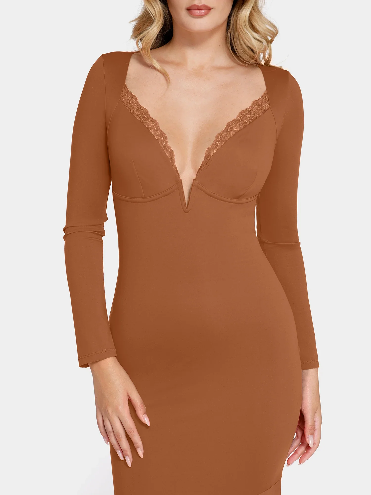 Popilush Shapewear Long Sleeve Lace Trim Sculpting Mermaid Maxi Dress - Image 21